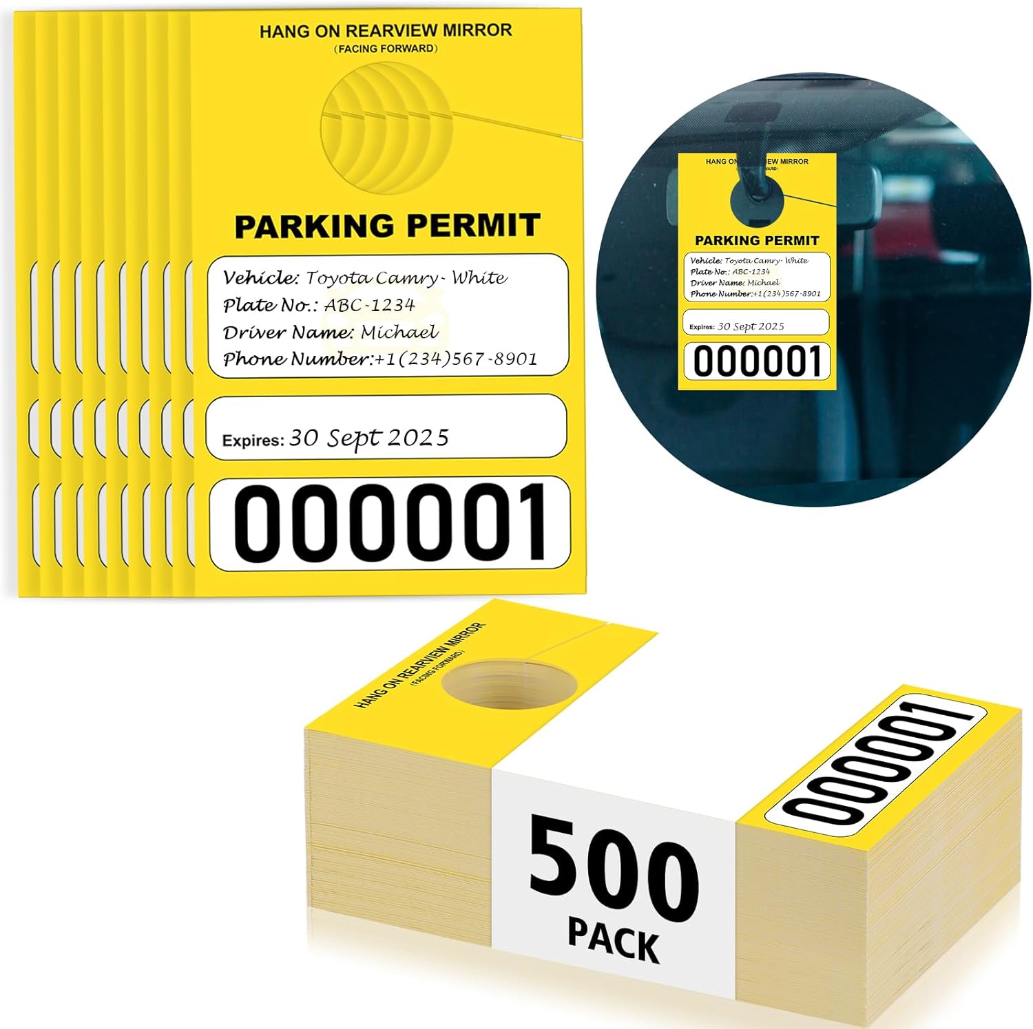 500 PCS Yellow Parking Permit Hang Tag Temporary Parking Passes Random Number (000001-125000) Car Parking Tags Paper Hang Tag 3.15 x 4.75 Inch Custom Passes Numbered for Cars Rearview Mirror(Yellow)