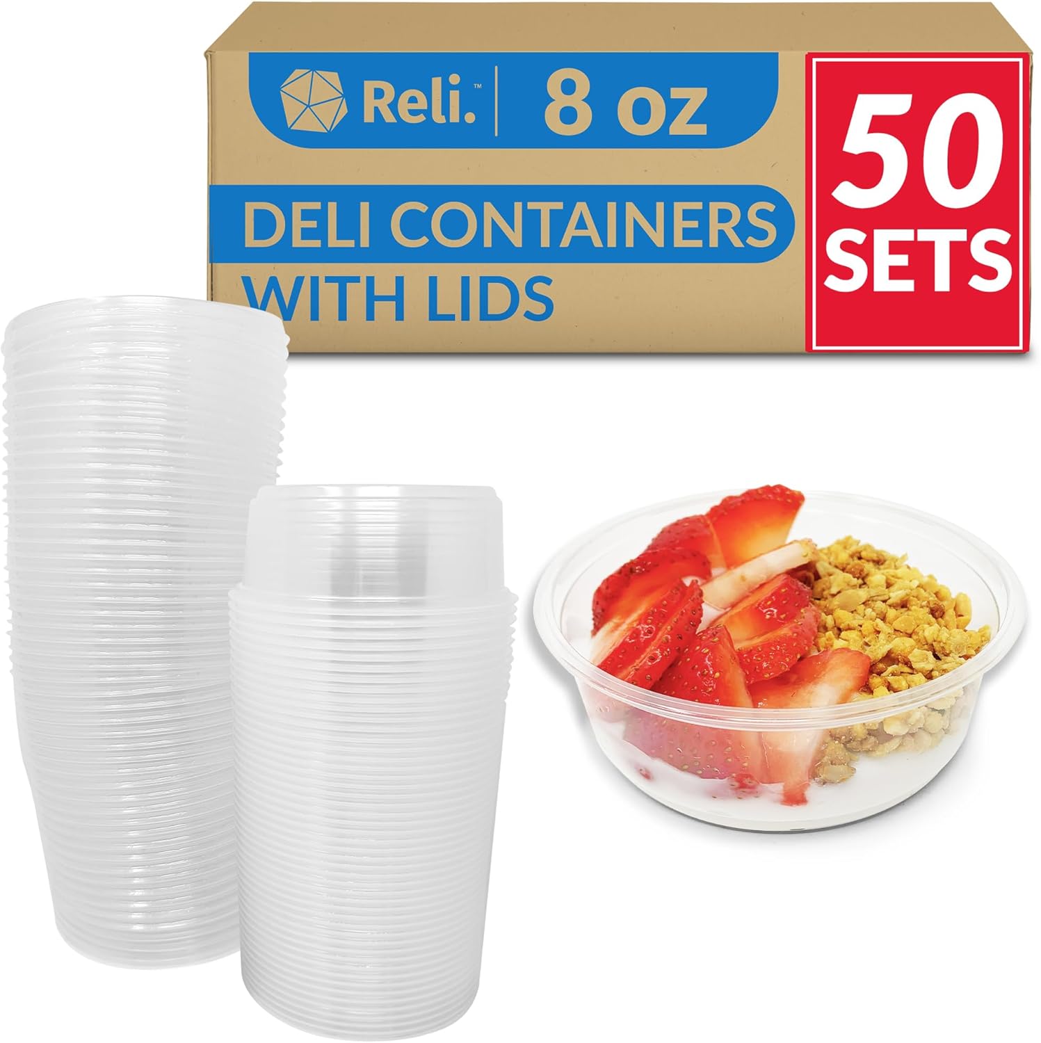 Reli. Deli Containers with Lids (50 Sets), 8 oz Plastic