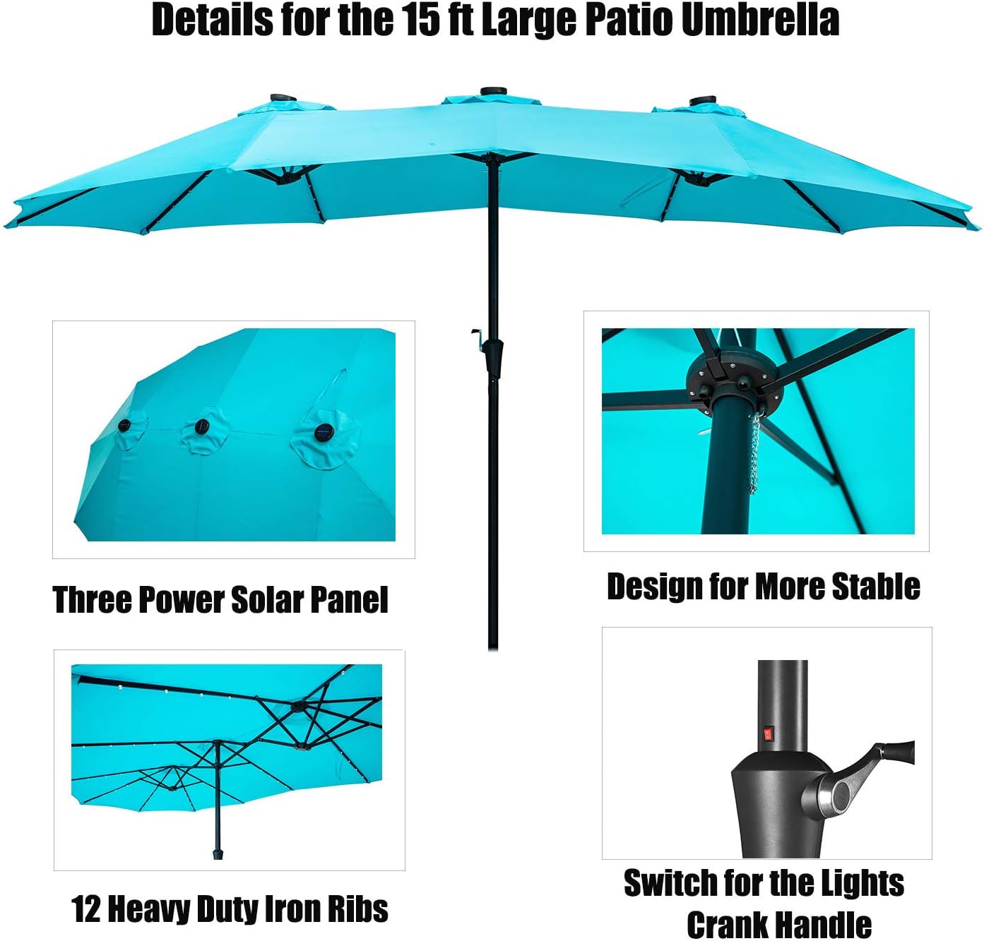 Klismos 15FT Double-Sided Patio Umbrella with Solar Lights Extra Large Outdoor Market Table Umbrella with Weight Base Stand(Blue)