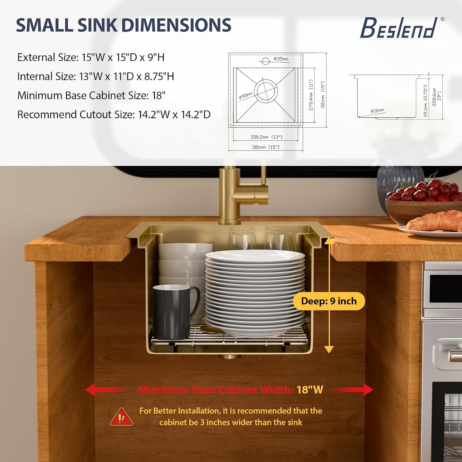 15 Outdoor Kitchen Sink with Faucet- Beslend Gold Drop In Outdoor Bar Sink with Pull-Out Faucet and Cover, 16 Gauge Stainless Steel Kitchen Sinks Workstation Single Bowl Above Counter Indoor Outdoor