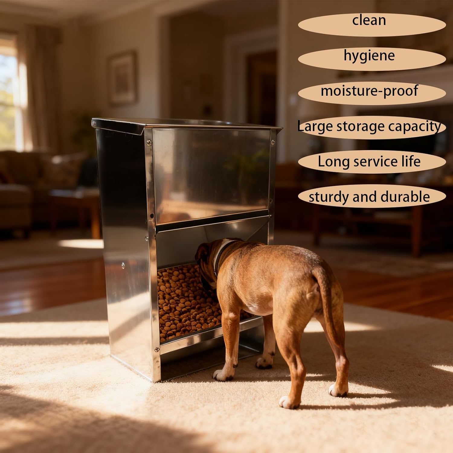 Dog Food Feeder for Kibble - (Stainless Steel Natural Color Anti-Corrosion) - Automatic Food Dispenser Gravity Self Feeding Outdoor for Medium, Large Dog Breedss - 50Lbs New Upgrade