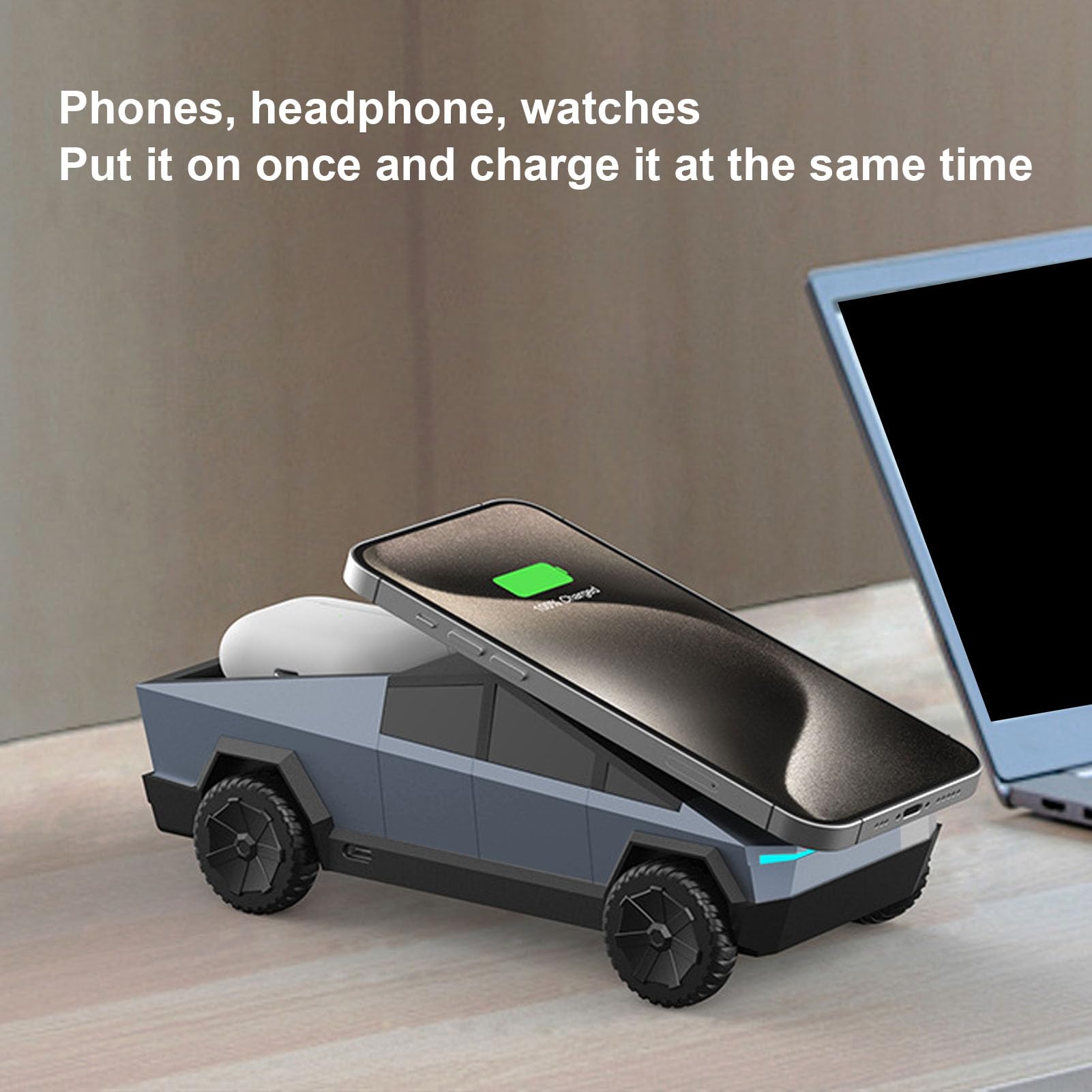 XUMIUZIY Stazione di Ricarica Wireless 3 in 1, Caricabatterie Rotante per Modello di Auto in Scala 1:25 con Luce Ambientale per Auricolari per Orologio da Telefono (GRAY)