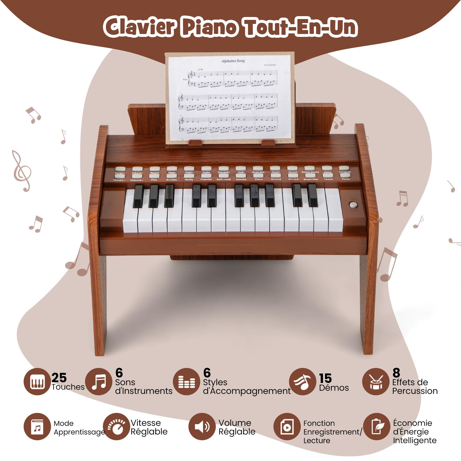 DREAMADE Clavier 25 Touches, Piano Électrique pour Enfants avec 15 Démos, 6 Tonalités et 8 Percussions, Enseignement Guidé par Lumière avec Pupitre Amovible (Marron)