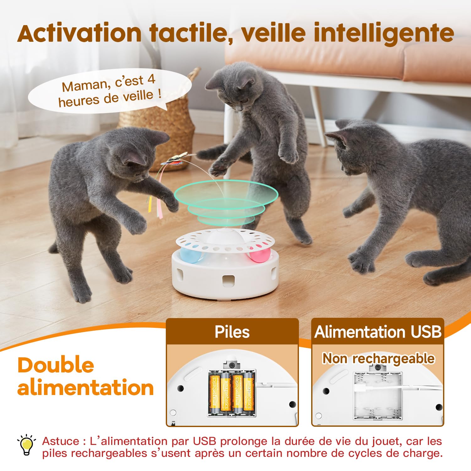 Potaroma Jouet Interactif Automatique 3-en-1 pour Chats d’Intérieur – Plumes Mobiles, Papillon Volant & Balles de Piste, Double Alimentation USB ou Piles