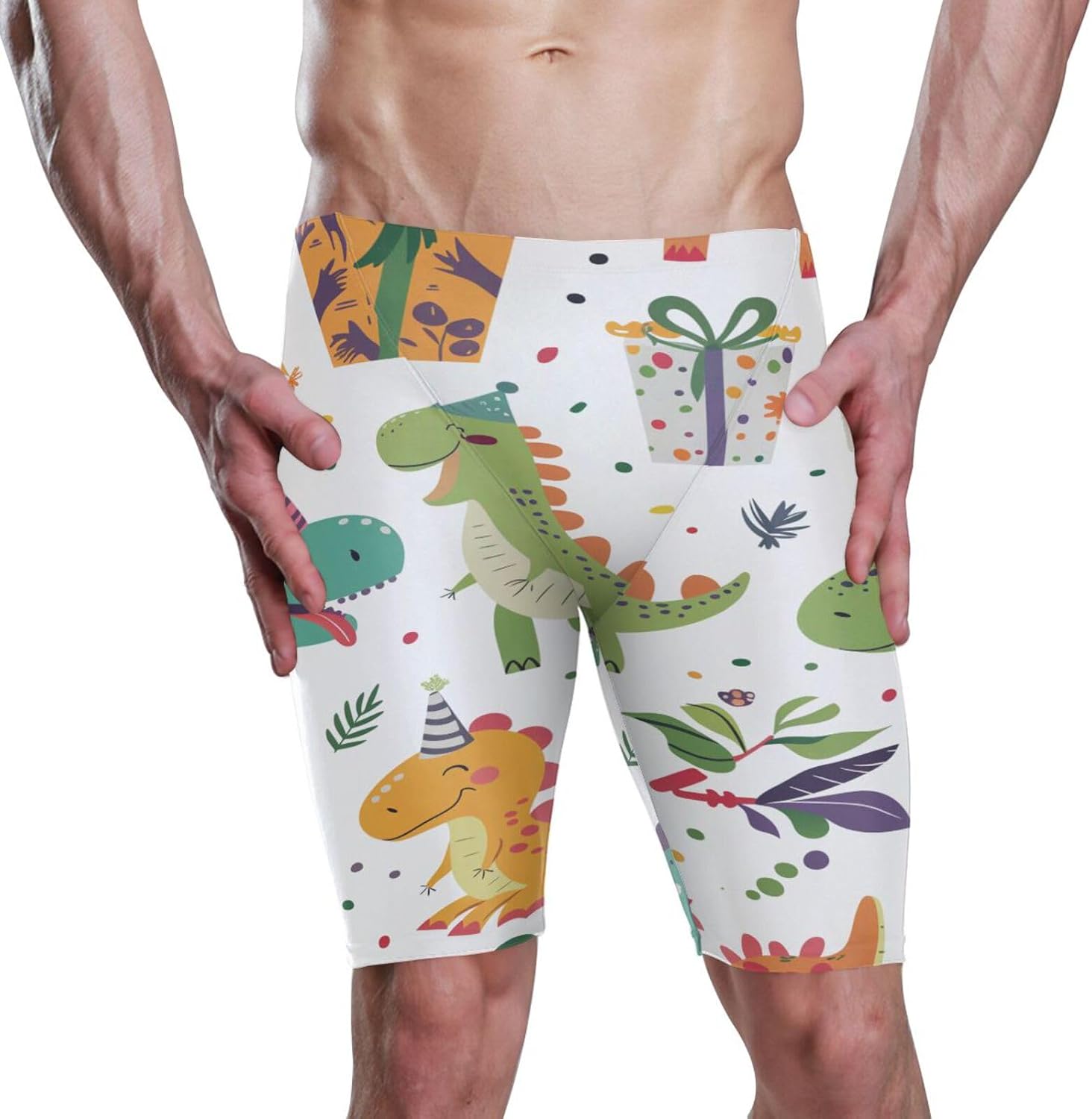 ZZXXB Birthday Dinosaur Print Men's Racing Swim Trunks Athletic Swim Jammers Quick Dry Training Swim Shorts S-3XL