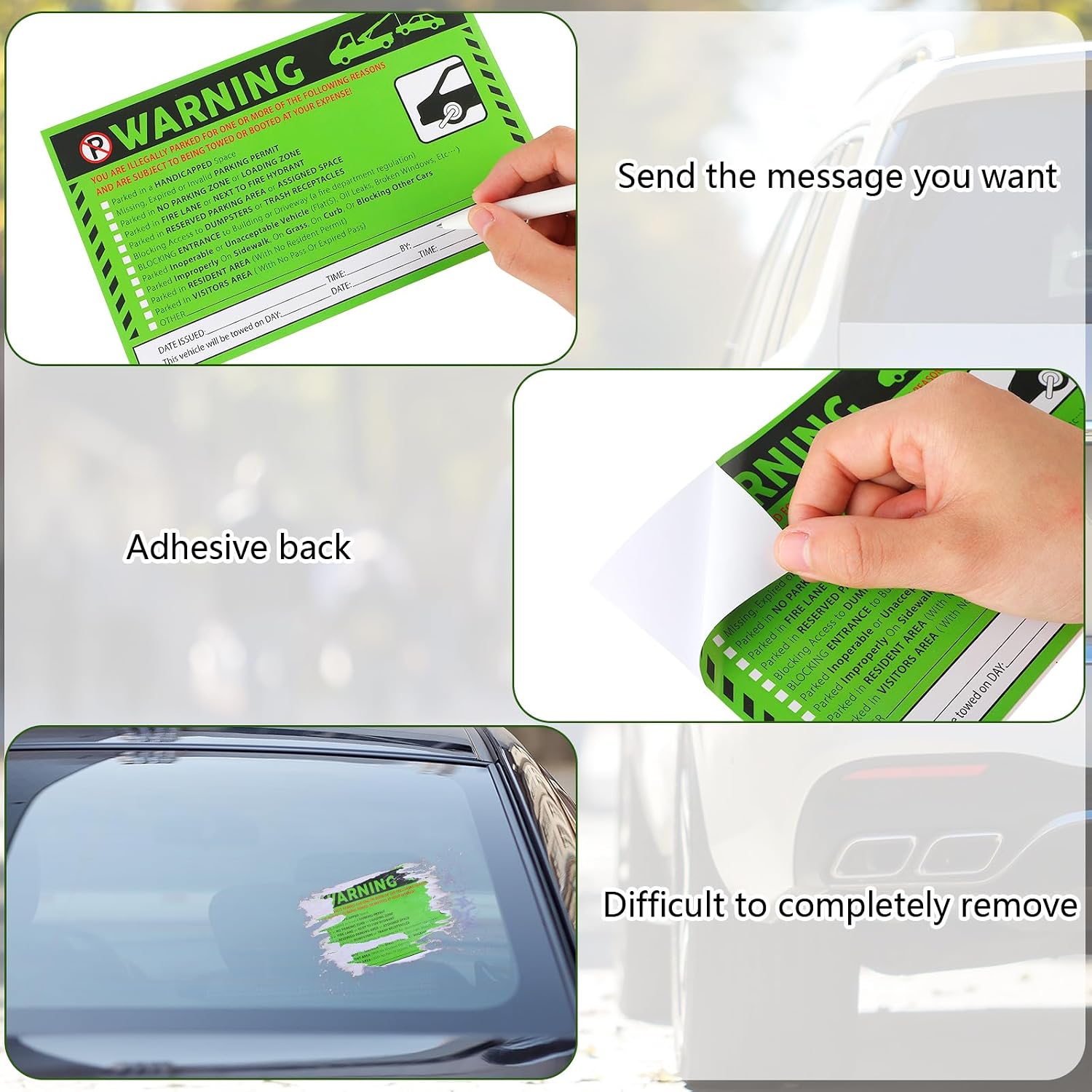 100 Pack Parking Violation Stickers Tow Warning Stickers, 5 x 8 Inch Hard to Remove You are Illegally Parked No Parking Warning Labels, Fluorescent Green Multi Reasons Car Notice Labels