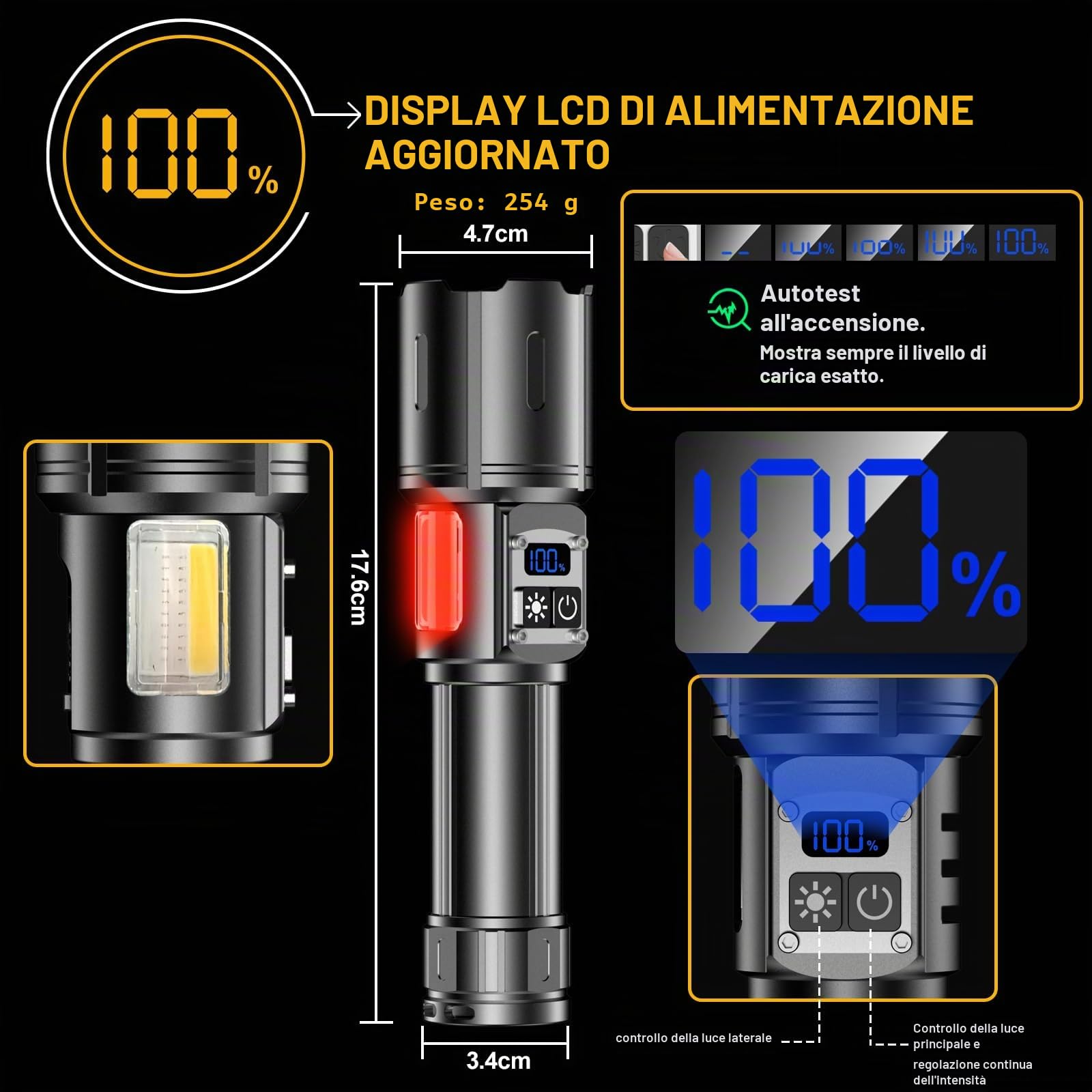 Torcia LED Potente Professionale 1000000 Lumens, Torcia LED Ricaricabile USB C, Torce LED Alta Potenza Ricaricabili, 9 Modalità, Con Luce Laterale COB, Per Campeggio Trekking Emergenza