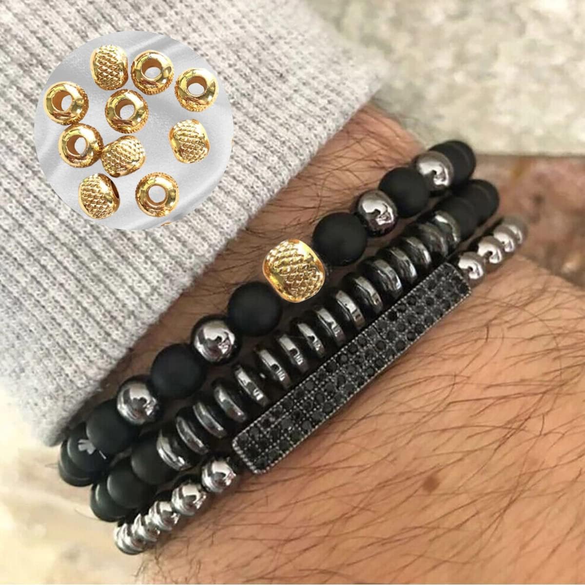 10pcs Round Large Hole Textured Spacer Beads Brass Loose Beads Charm Metal Stripe Bead for Leather Cord Snake Chain Bracelet Necklace DIY Jewelry Making (Gold) - Image 5