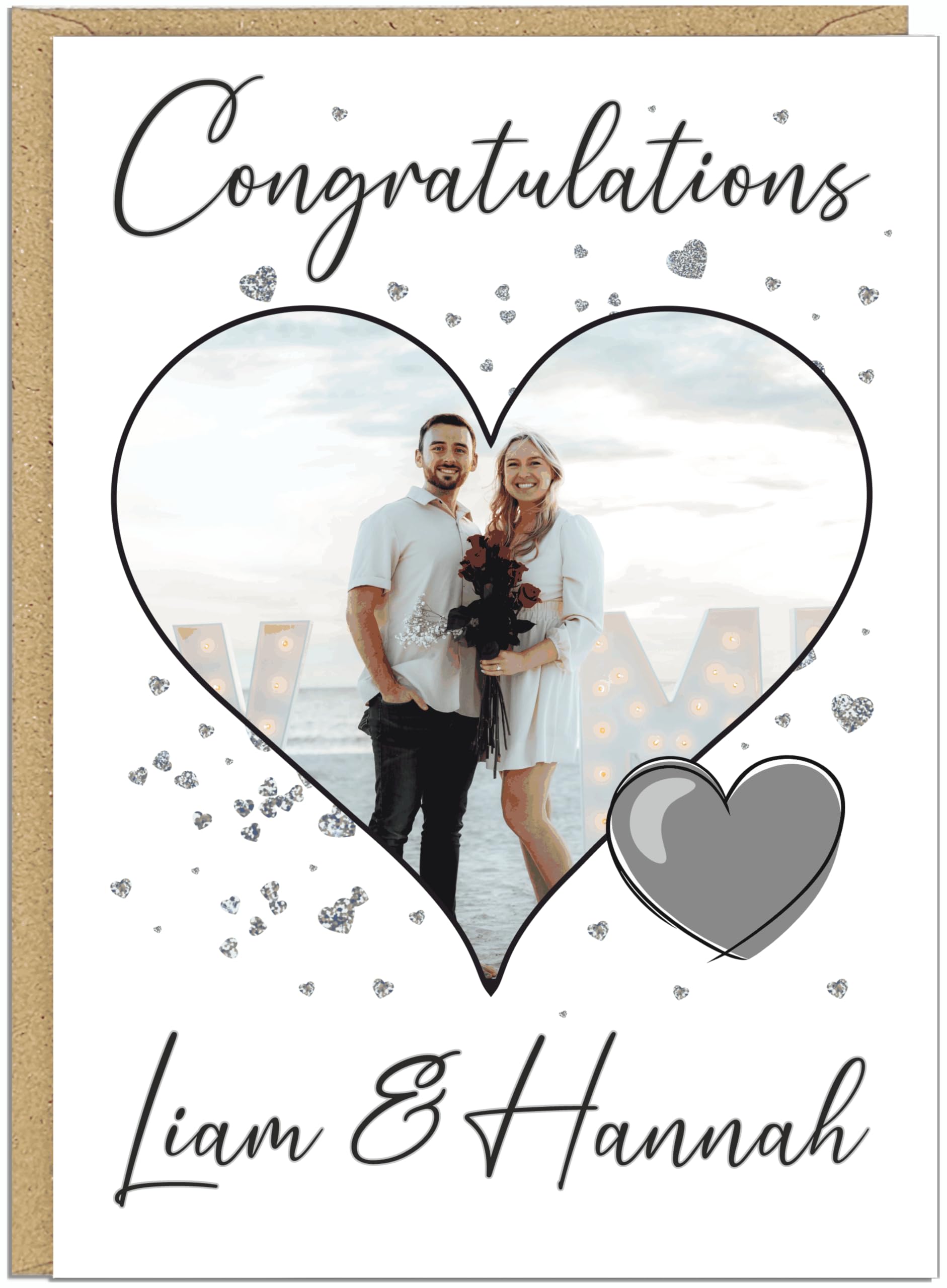 Couples Personalised Engagement Photo Cards - Colour Choice and Own Text Custom Heart Photo Upload Congratulations Card - For Him For Her Celebration Keepsake Engaged Gift, Grey