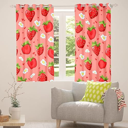 Miniatura 5 de Feelyou Cortinas opacas de dibujos animados con estampado floral de fresas Kawaii para sala de estar, niños, con estampado floral de fresa, cortinas