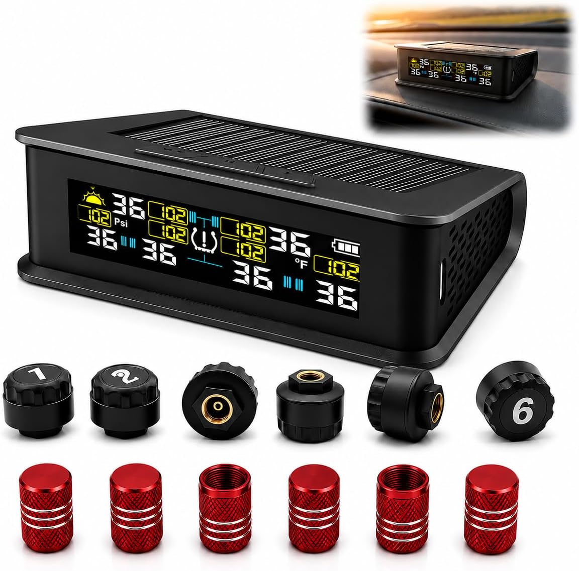 Tire Pressure Monitoring System for 6-Wheel SUV Pickup Truck, Real-Time Tire Monitoring System with Solar Charge, 0-99PSI, Wireless TPMS Sensors Set of 6 & 6 Alam Modes - With Extra 6 Tire Valve Caps