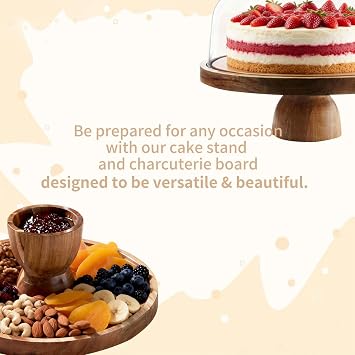 12 Inch Cake Stand with Dome Lid, Acacia Wood Cake Board with Acrylic Dome Cover, Versatile Wooden Dessert Table Display Set & Charcuterie Board for Birthdays, Weddings, Parties, Baking Gifts