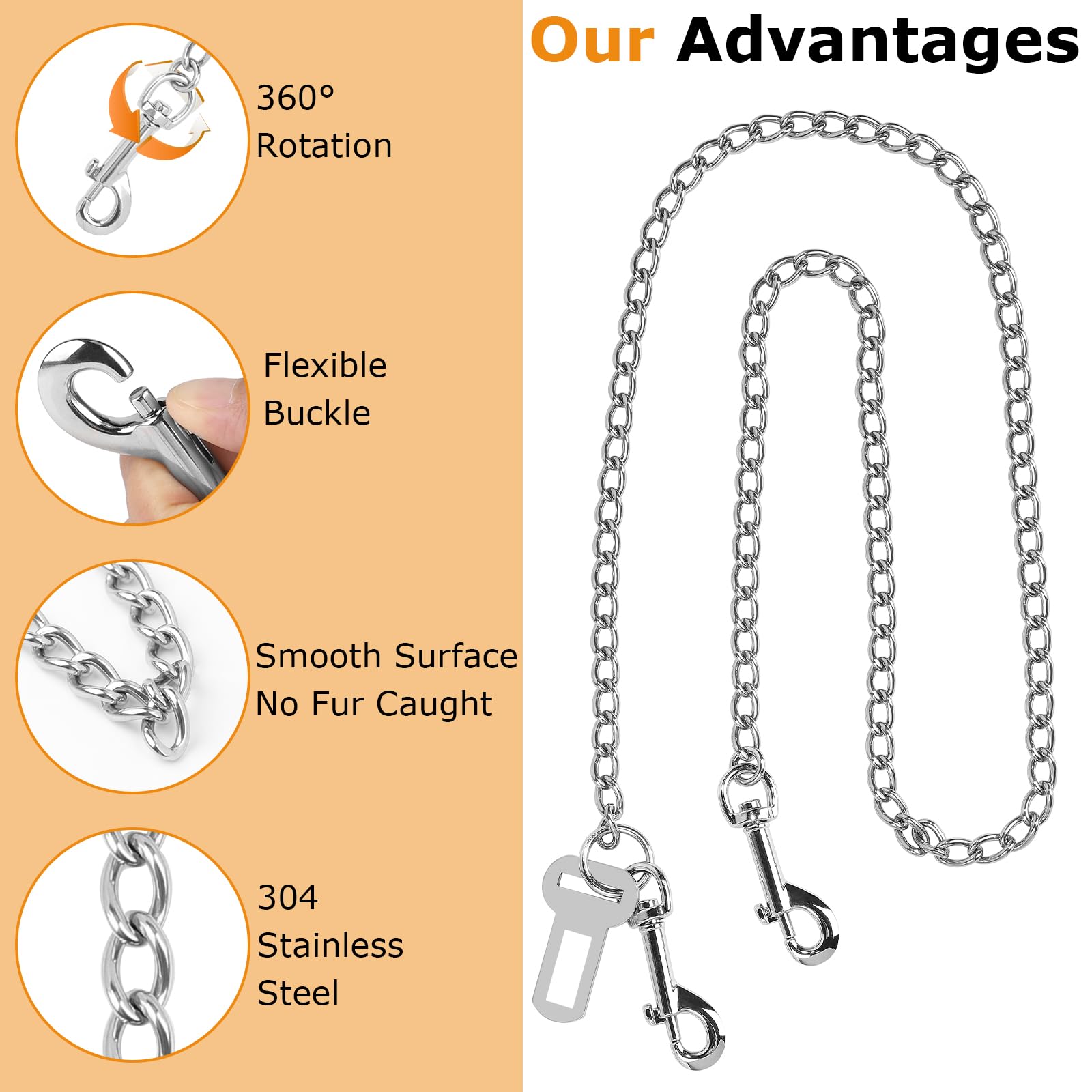 EFUTURETIME Ceinture Securite Chien Voiture Chaine Longue 125cm, Attache Chien Ceinture Anti-Morsure en Acier Inoxydable 3 en 1 pour Coffre, Boucle de Ceinture de Sécurité et ISOFIX