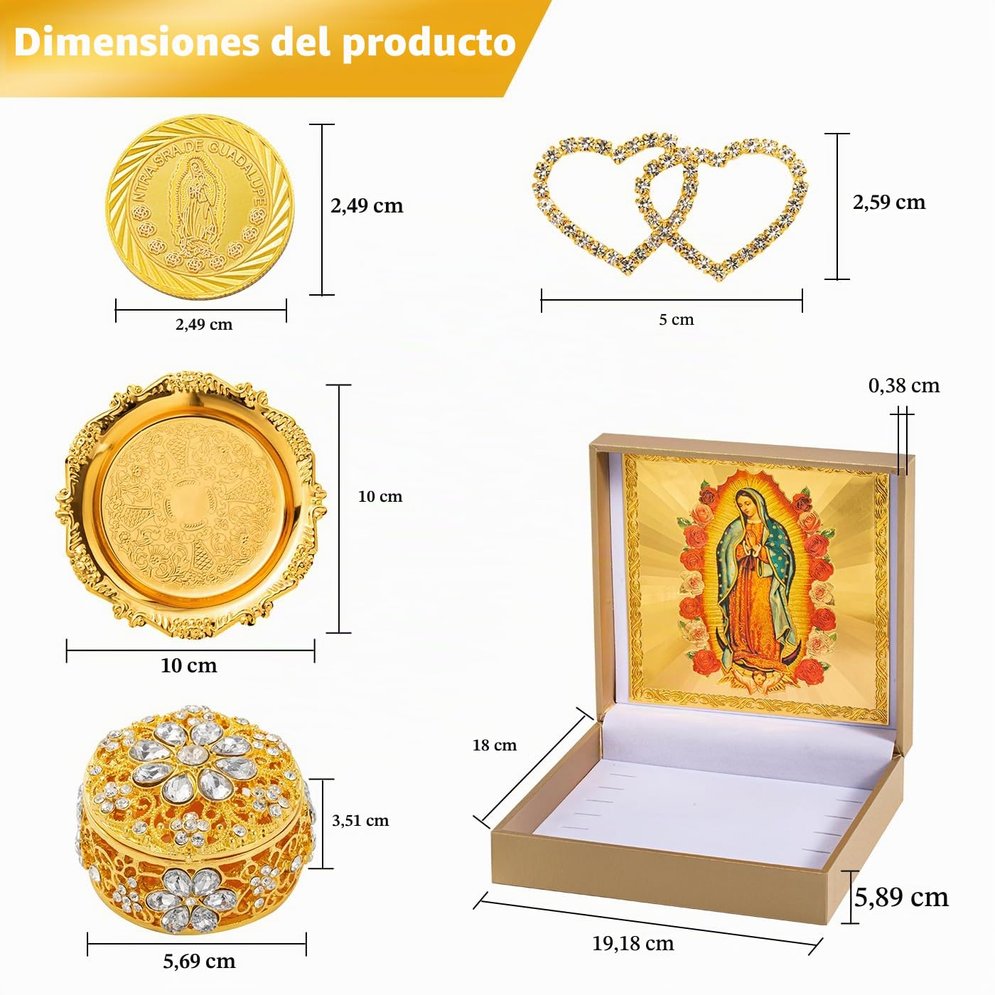 Arras Para Boda Católica con Virgen De Guadalupe Caja de regalo, Arras De Boda Cristiana Premium, Arras De Boda Católica, Monedas de Boda Católica, Caja Arras de Boda Mexicana (dorado)