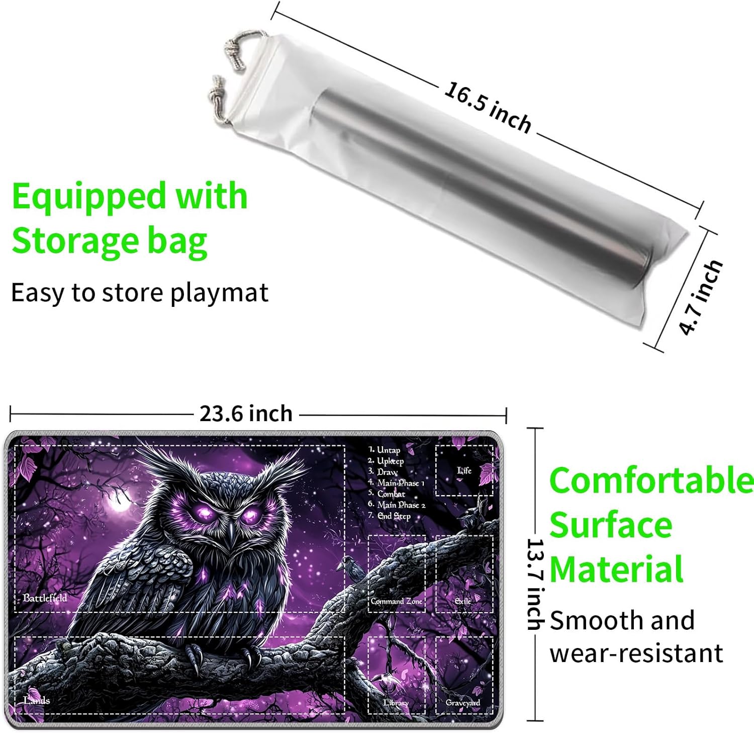 Playmat 24" x 14" with Magic Zones for MTG Card Game Playing, Board Game Mat for Card Breaking Commander Deck Gaming Card Game Battles Mat with Storage Bags, Forest Owl