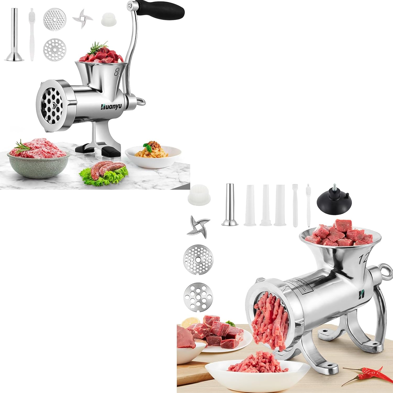 Huanyu Meat Grinder Manual Stainless Steel Compact Meat Mincer Household for Chicken Beef Chili M8 and Huanyu HZ12 Meat Grinder Manual Stainless Steel Meat Mincer Bundle