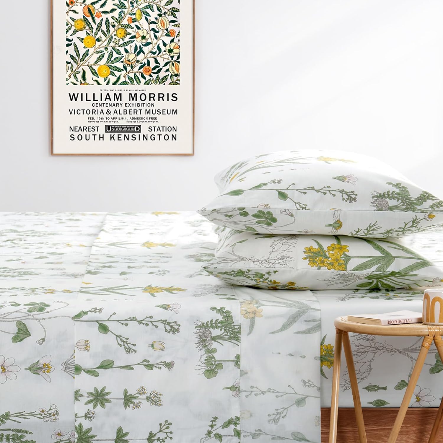 Wake In Cloud - Floral Bed Sheets, 4-Piece Sheet Set, Cute Botanical Shabby Chic Coquette Cottagecore Flower Pattern Printed Bedding, Deep Pocket, Yellow Green, Queen Size