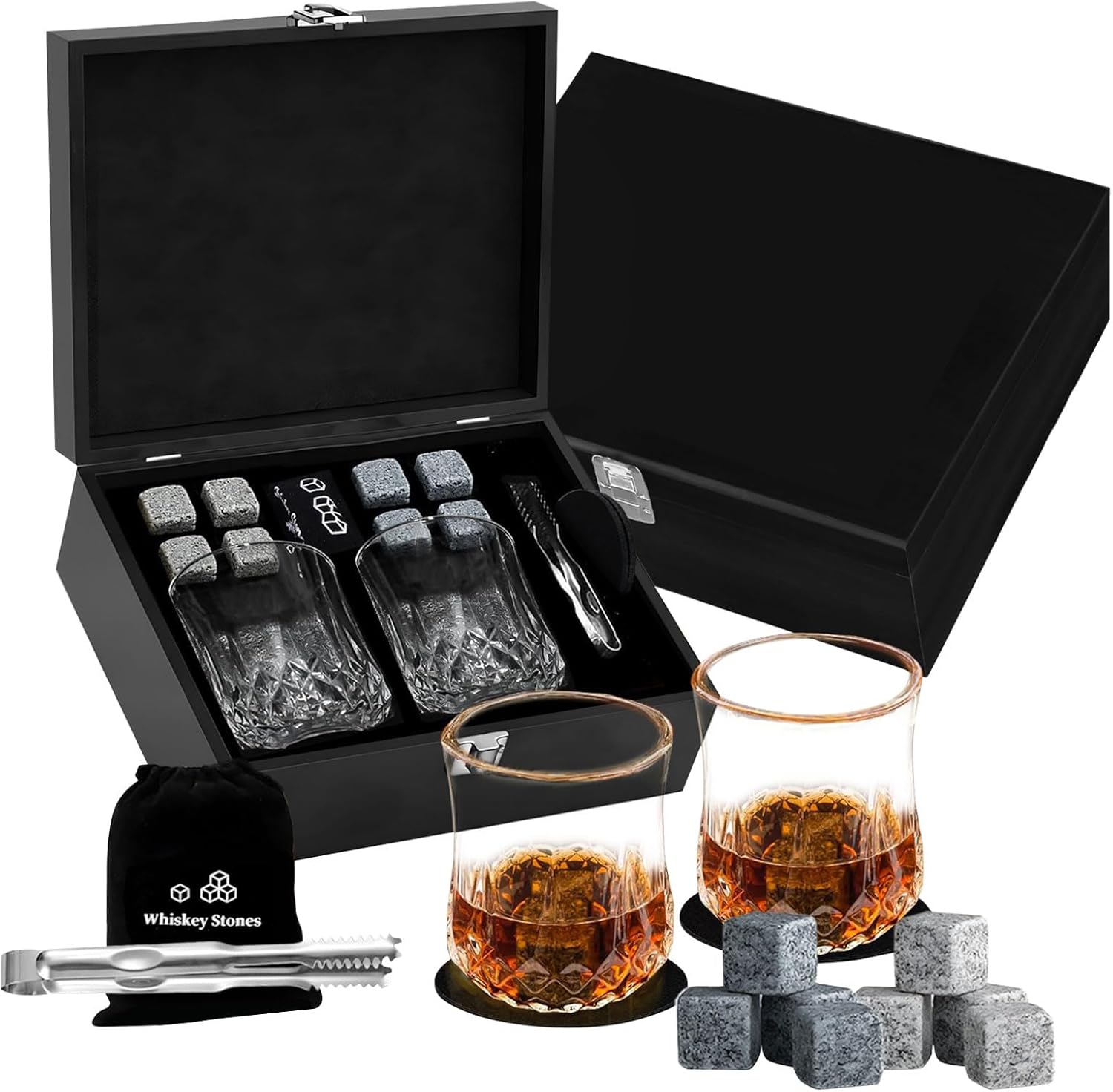Stone Whiskeys Chiller and Thick Glass Set Whiskeys Chilling Stone Enhances Social Gatherings and Tastings Premium Stones & Crystal Glass Set Luxury Chiller Stones & Collection
