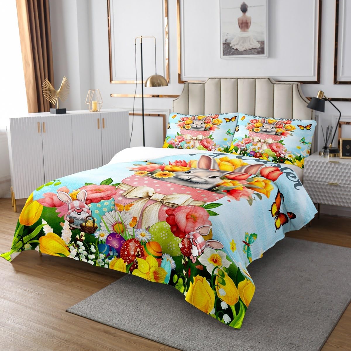 Erosebridal Easter Rabbit Quilted Easter Bedspread,Boho Floral Coverlet Set Cute Rabbit Pet Animal Quilt Set Queen Size Kawaii Greetings and Presents for Easter Day,Easter Gifts for Toddlers