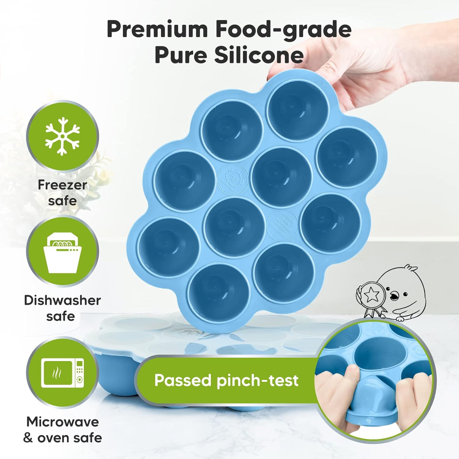 KeaBabies Silicone Baby Food Freezer Tray with Clip-on Lid & 3-Pack Suction Plates for Baby, Toddler - 2oz x 10 Pods Baby Food Silicone Freezer Molds - 100% Silicone Toddler Plates, Divided Baby Plate