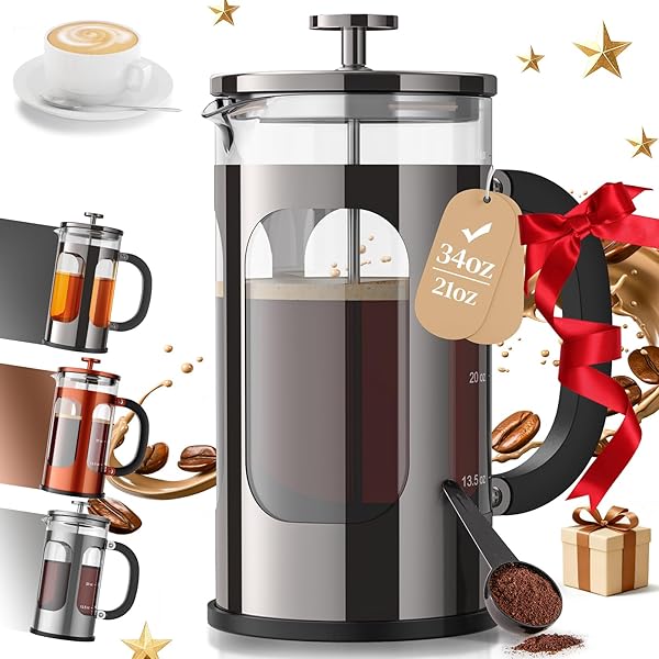 Veken French Press Coffee Maker 34oz,No Plastic Touching Cafe,Thickened Borosilicate Glass Stainless Steel Brewer,Cold Brew Cafetera Teapot for Kitchen Travel Camping,Gifts,Bar Accessories,Dark Pewter