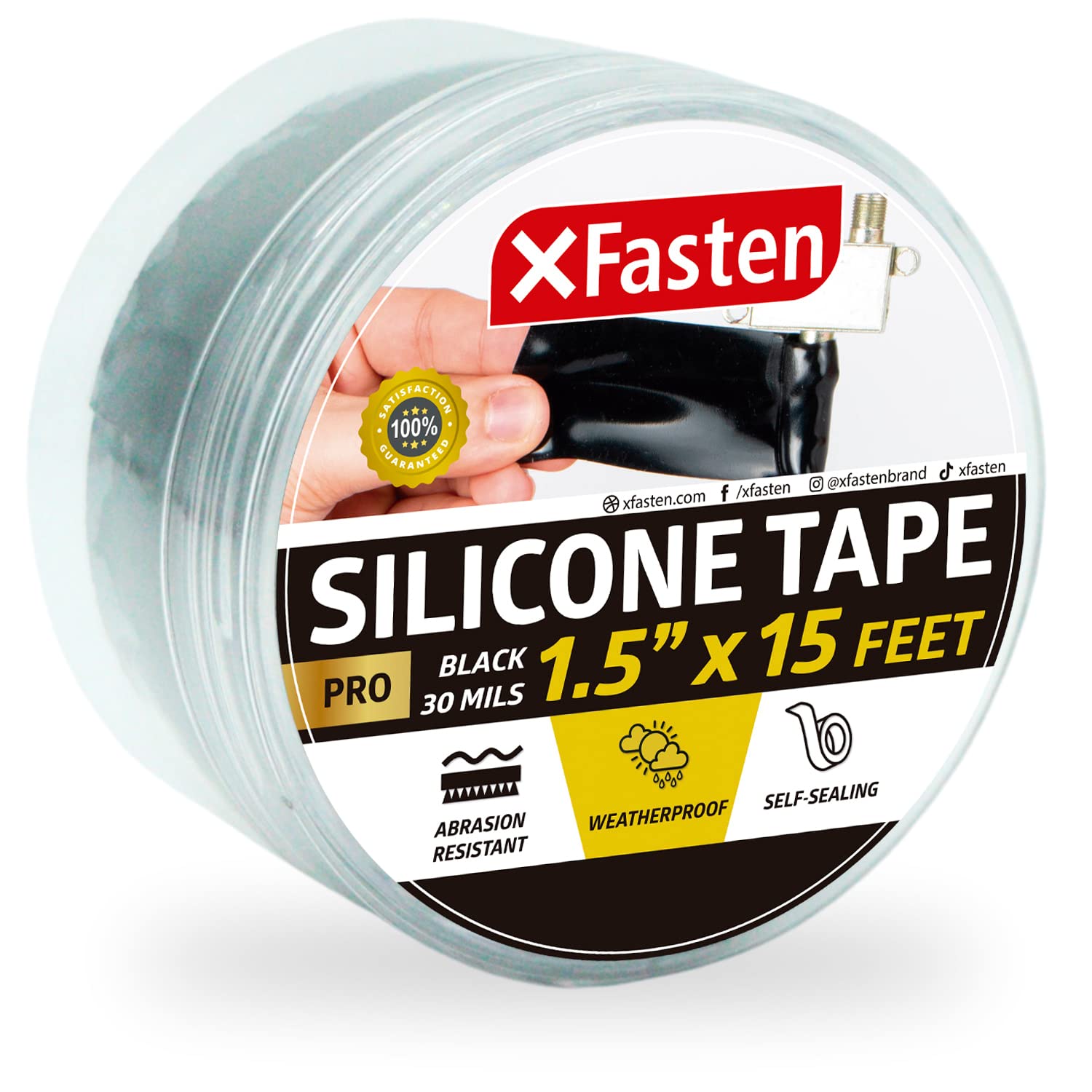 XFastenSelf-fusing Silicone Tape Pro, Black, 1.5-Inch x 15-Feet, 30mils Weatherproof Silicone Rubber Sealing Tape for Outdoor Coax, Electrical Cable, Radiator Hose, Pipe Leaks and Emergency Repairs