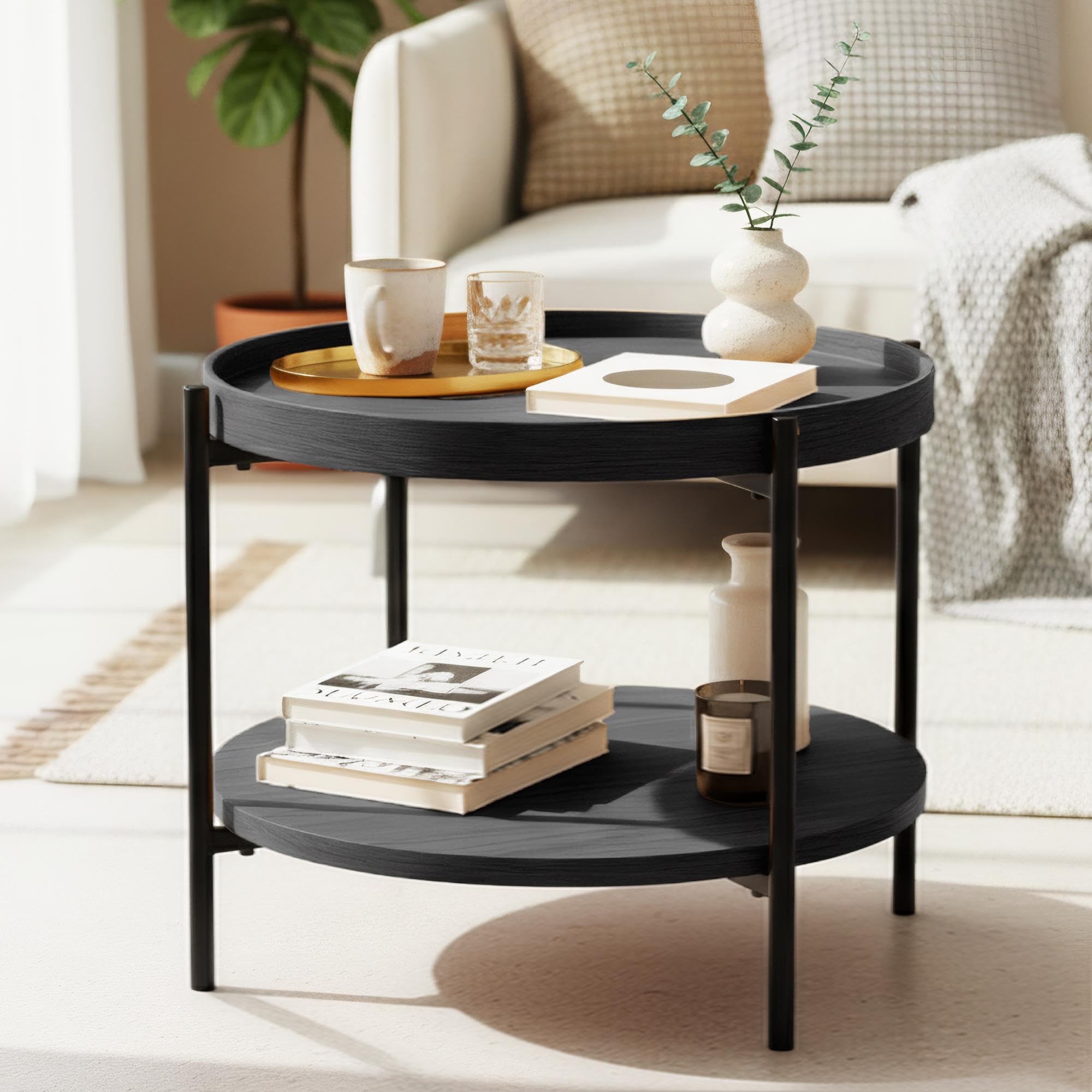CLP Couchtisch rund Holz Corbitan, Sofatisch 2 Ebenen mit Stauraum, Beistelltisch klein Metallgestell schwarz, Farbe:grau, Größe:Ø 50 cm