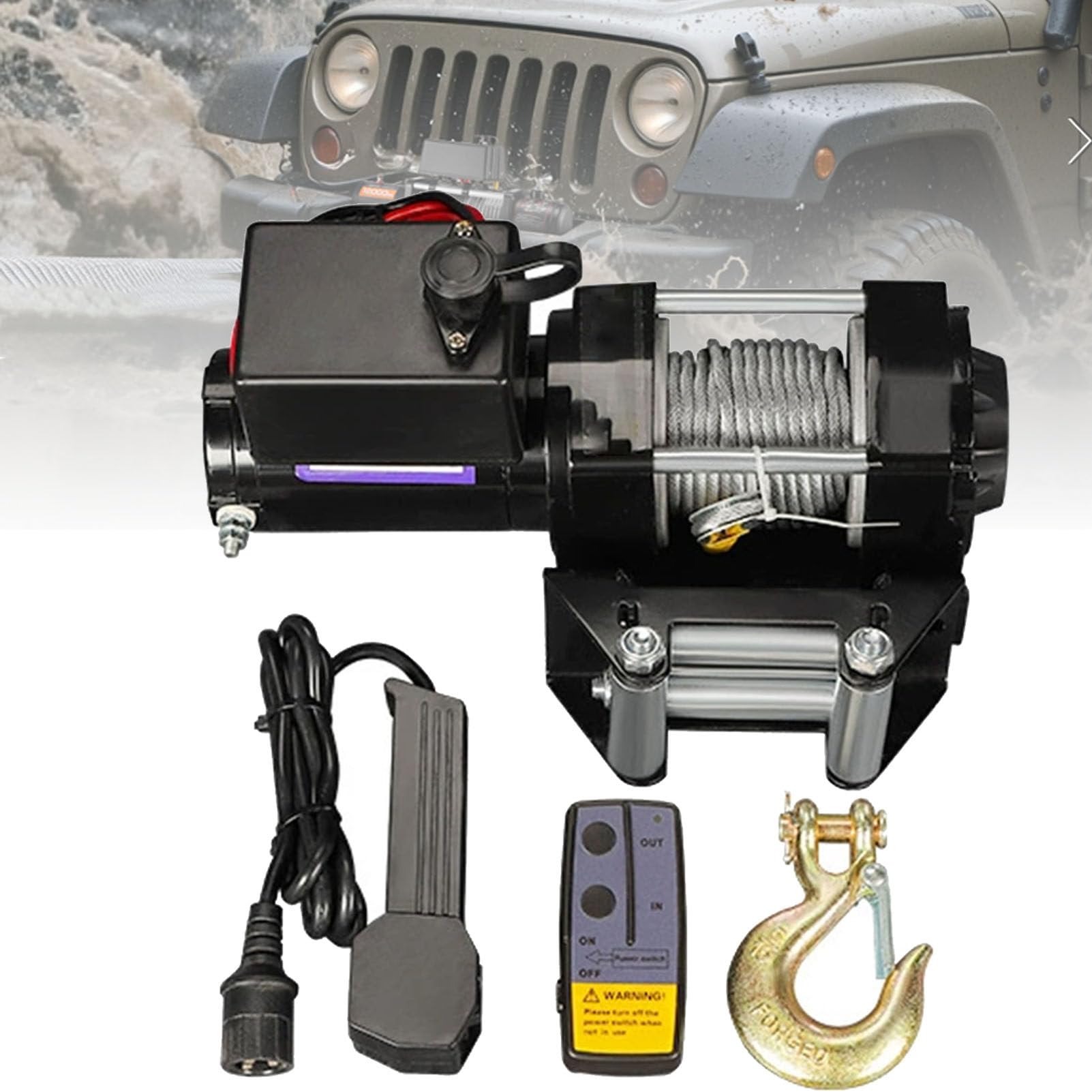 Zestaw wyciągarki elektrycznej (12 V / 24 V) z liną stalową 12V-4000lbs