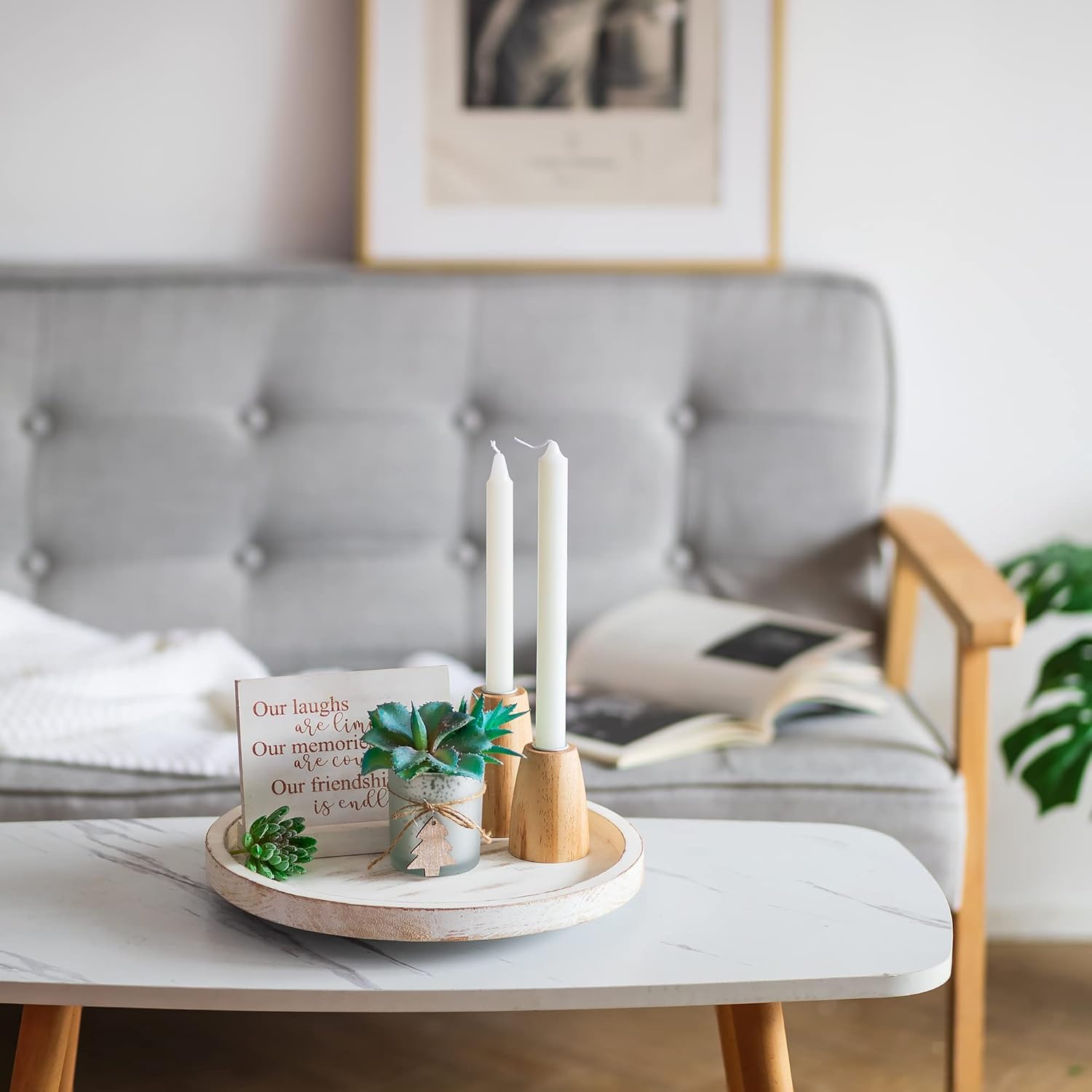 Lazy Susan Organizer Wooden Turntable: Hanobe White Round Wood Trays 12" for Decorative Kitchen Counter Coffee Table Home Decor Spice Spinner