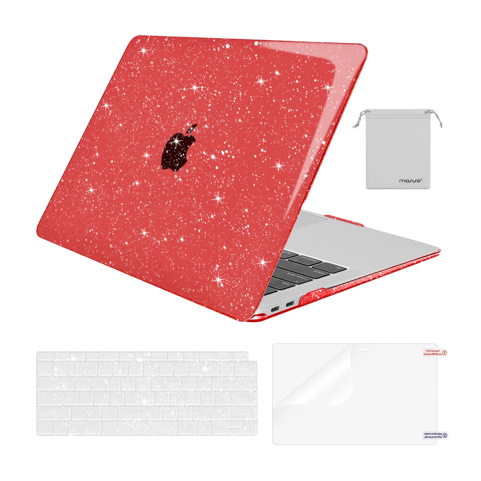 MOSISO Compatible with MacBook Air 13 inch Case 2022 2021 2020 2019 2018 A2337 M1 A2179 A1932, Glitter Plastic Hard Shell&Keyboard Cover&Screen Film&Storage Bag for MacBook Air 13 inch, Red