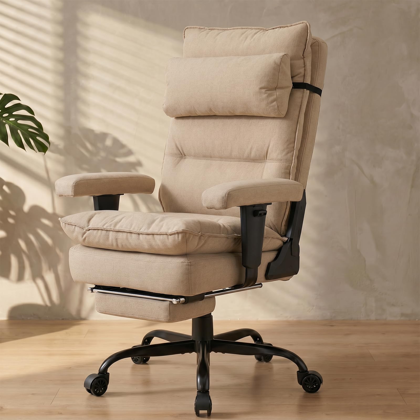 EXCEBET Bürostuhl mit Taschenfederkern, Ergonomischer Chefsessel aus Stoff mit Fußstütze, 155°Verstellbarer Schreibtischstuhl, Hoher Computerstuhl bis 180 kg, Breiter Sitz für Schneidersitz (Beige)