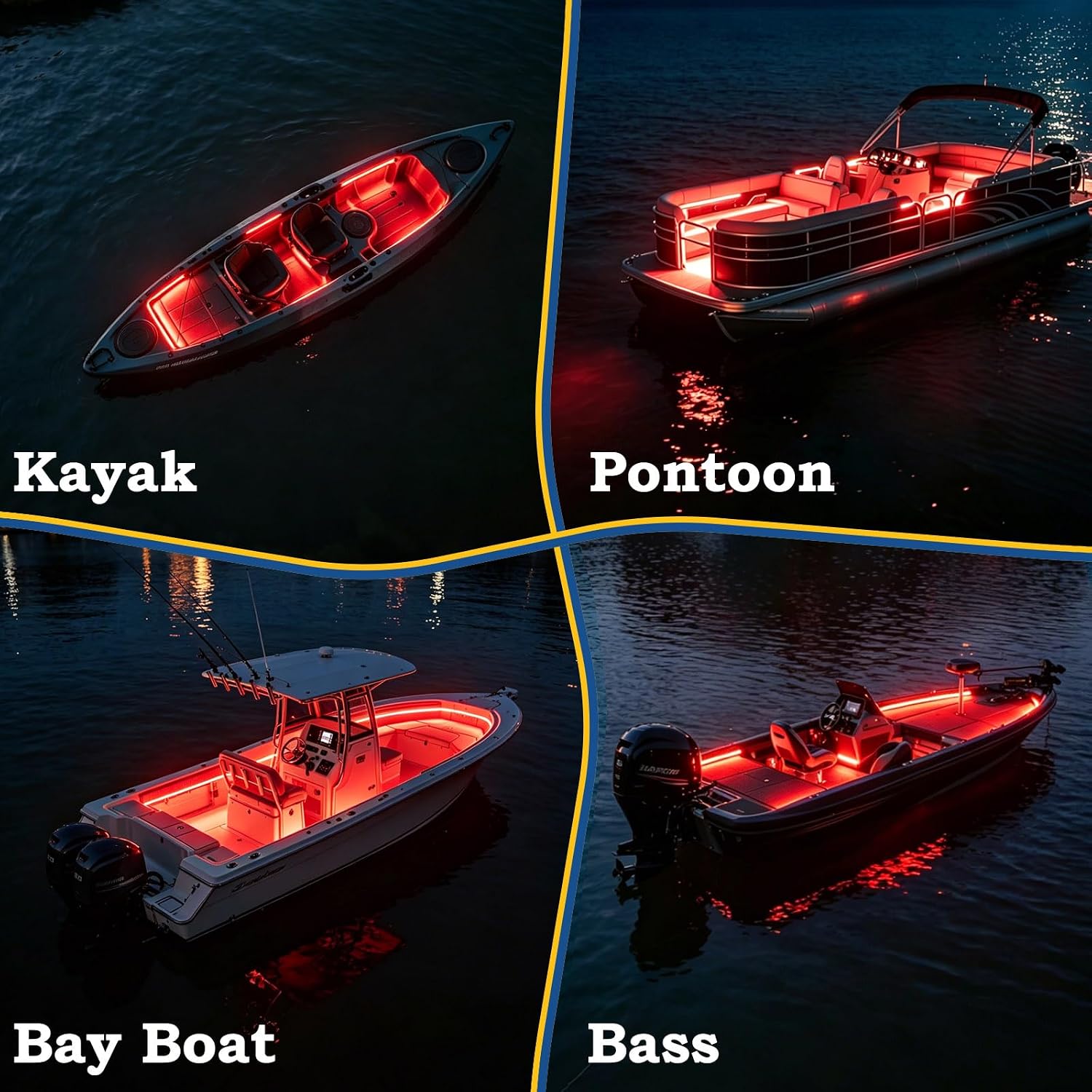 32.8FT Red Marine LED Strip Lights, 12V Boat Deck Lights | Waterproof boat interior, step, under gunnel strip lights. Great for night fishing, kayak, bass boat, yacht, pontoon.