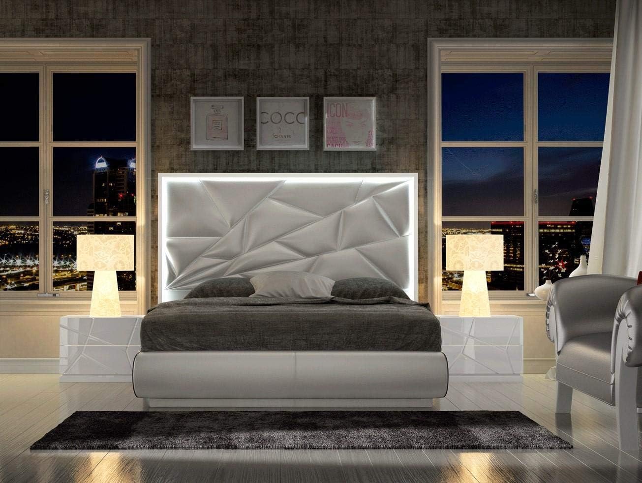 White Finish Futuristic King Bed & 2 Nightstands Modern Made in Spain Soflex KIU