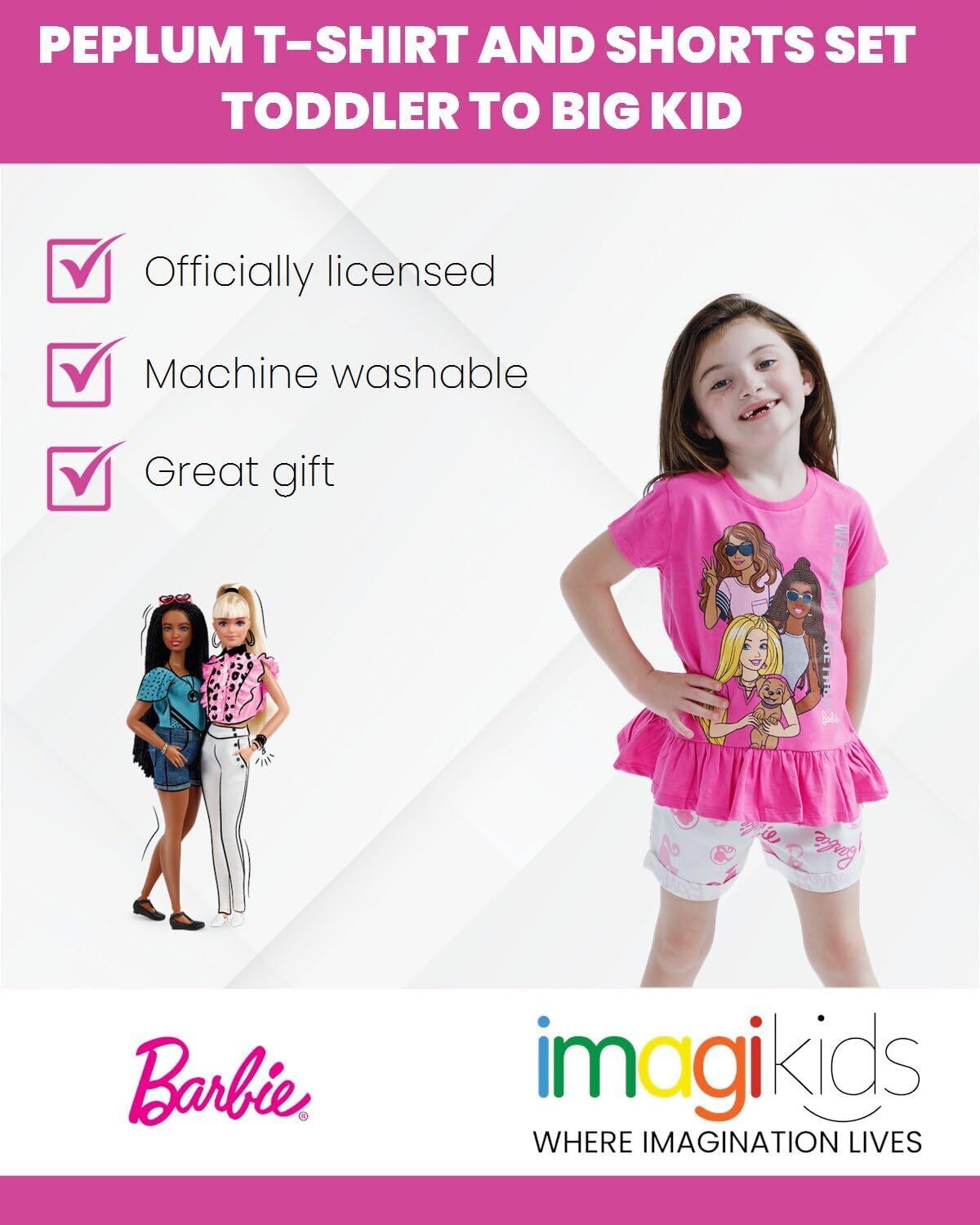 Barbie Girls Peplum T-Shirt and Twill Shorts Outfit Set Toddler to Big Kid Sizes (2T - 14-16) - Image 3