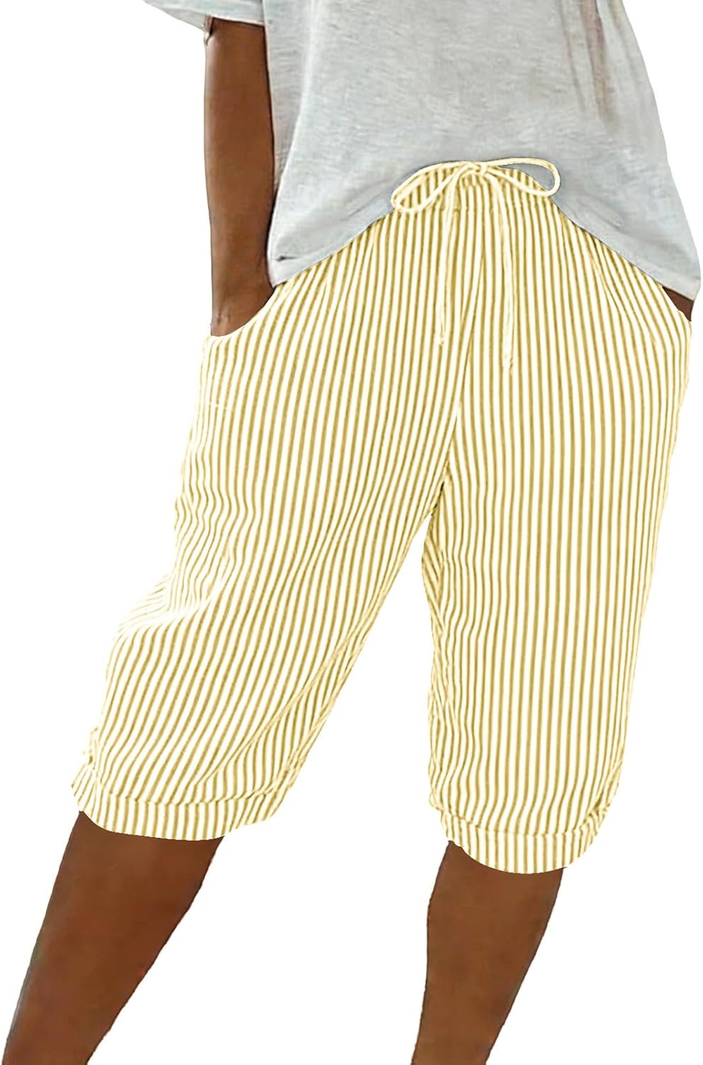 Women's Striped Bermuda Shorts Ladies Summer Fashion Cotton Linen Casual Capri Pants Lightweight Loose with Pockets