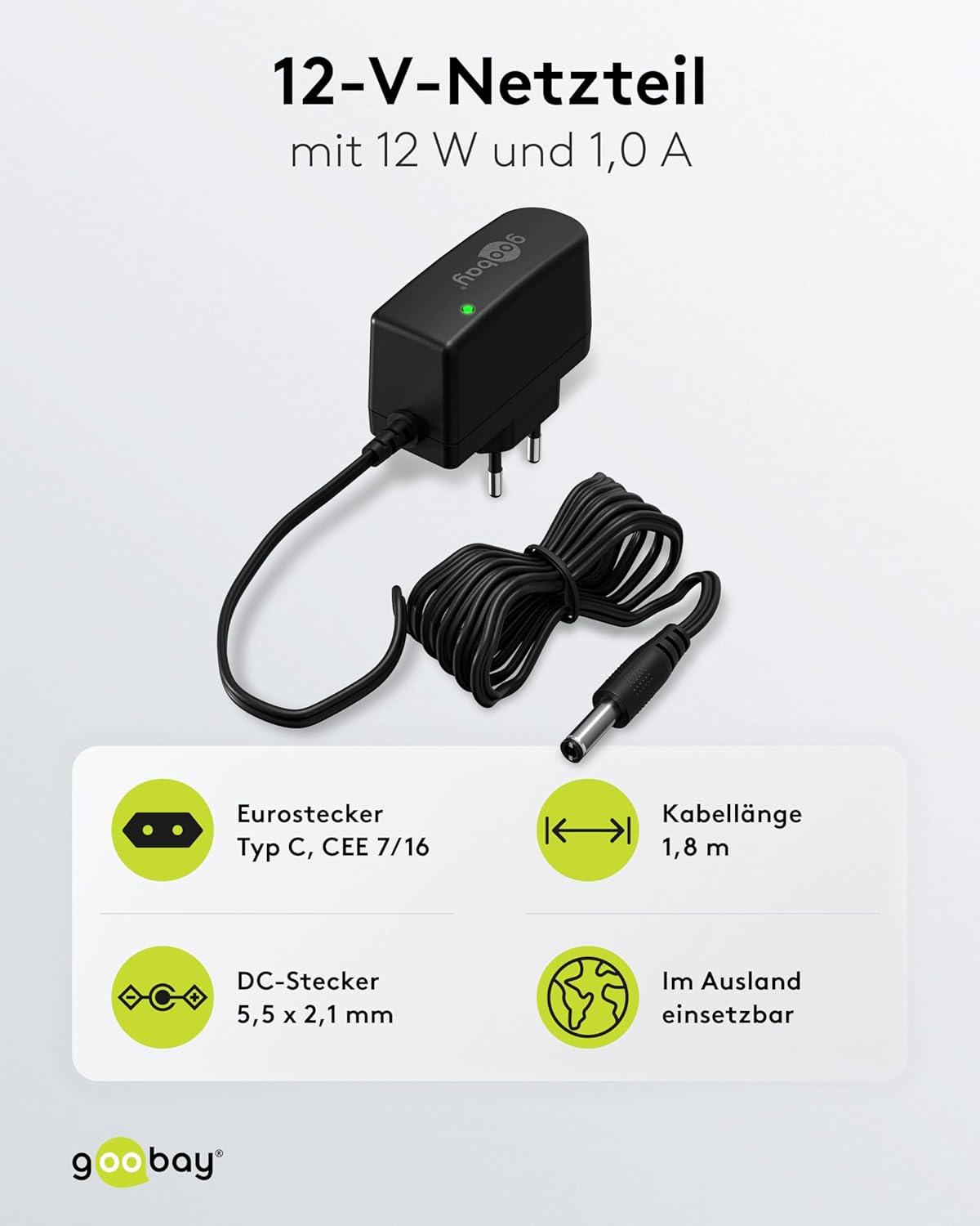goobay 64977 Universal Power Supply 12 V / 12 W 1 A Power Supply 12 V Replacement Power Supply with DC Plug 5.5 mm x 2.1 mm for TV Box, Router, LED Strips, Video Camera, 1.8 m