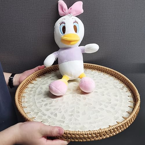 Miniatura 4 de i-lan Bandeja redonda de ratán de 16 pulgadas con base de madera de mopa beige, bandeja otomana de mimbre extra grande con 1 pulgada, platos tejidos