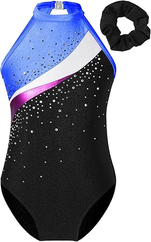 Trajes de ballet brillantes para niñas y niñas, leotardo de gimnasia sin mangas con pantalones cortos y banda para el cabello