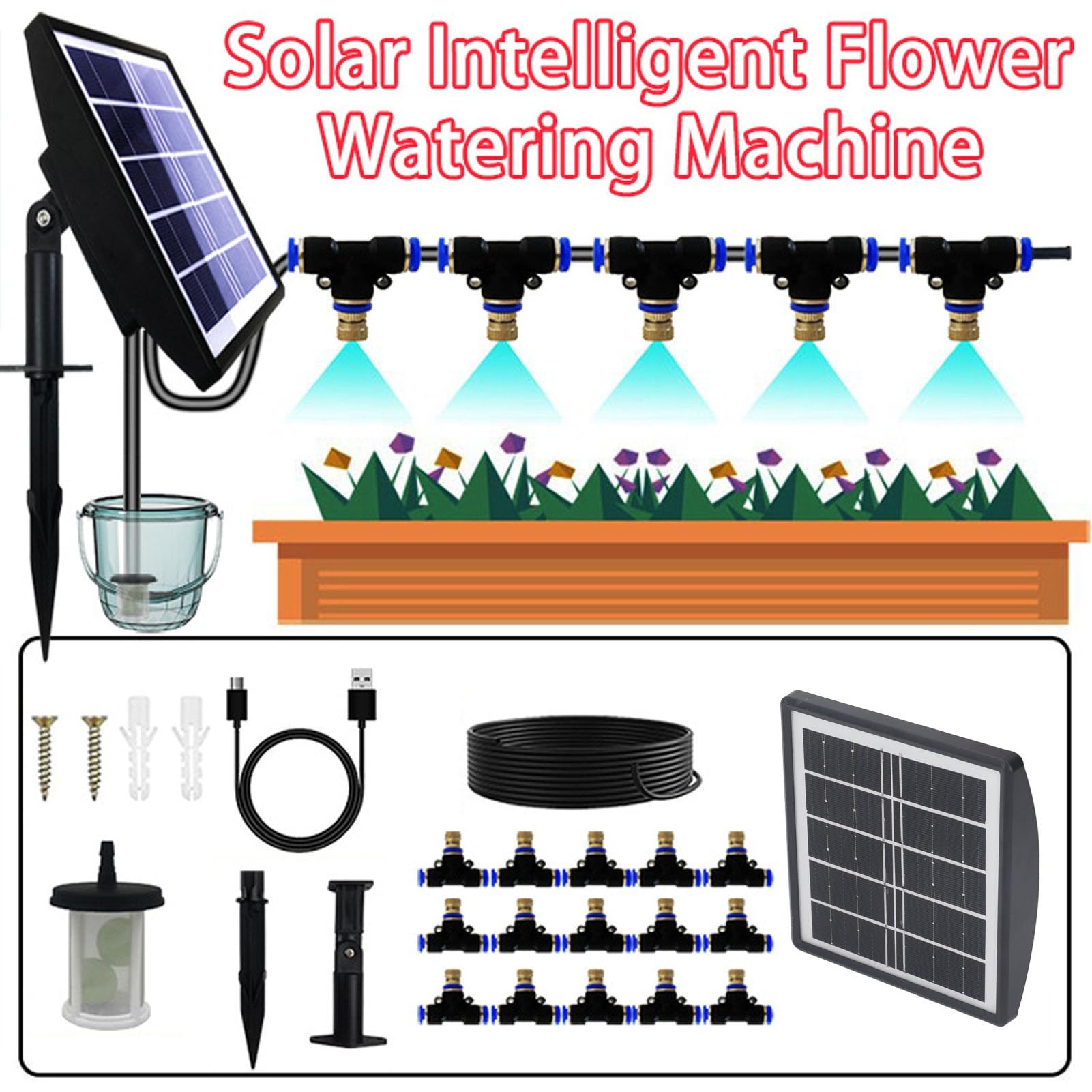 Generic Kit di Irrigazione a Spruzzo Ad Energia Solare Irrigazione Automatica Automatica per Serra da Giardino Prato Tubo Dell'acqua da 15 M Resistente IP67