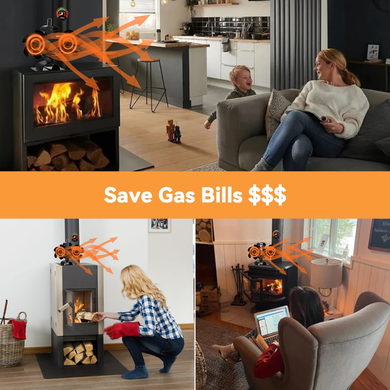 Sckee 10 Blade Wood Stove Fan, Dual Motor Fireplace Fan, Heat Powered Fireplace Fan Log Burner Wood Burning Stove Accessory for Indoor Use Non Electric