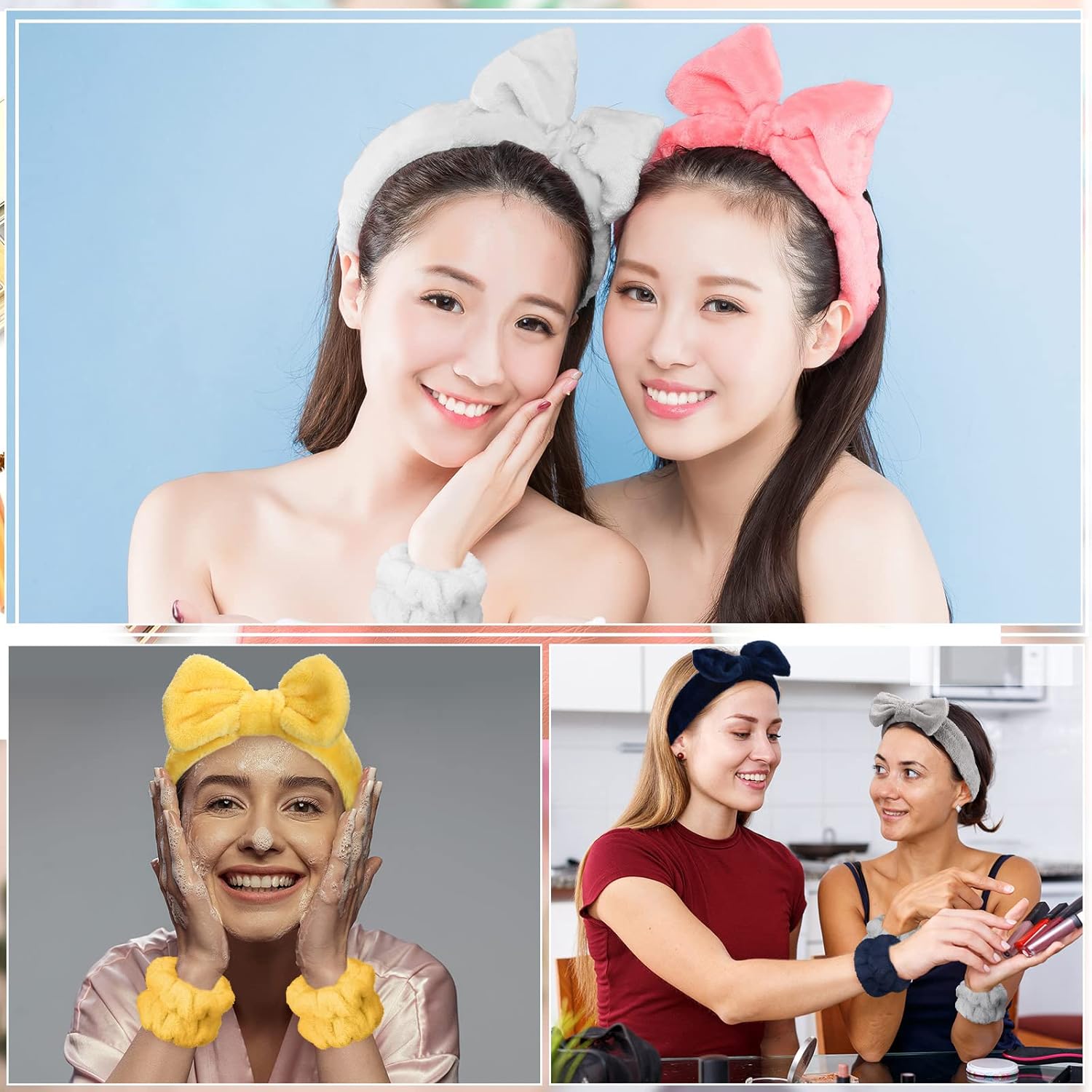 Janmini 36 Pcs Spa Headband and Wristbands Set for Washing Face Facial Spa Hair Wraps Makeup Skincare Bath Winter Gifts 12 Pcs Flannel Hairbands 24 Wristbands for Women Girls(Solid)