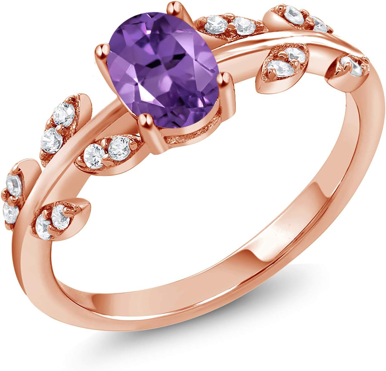 Gem Stone King 18K Rose Gold Plated Silver 7X5MM Oval Gemstone Birthstone Twisted Olive Branch Leaf Vine Band Wedding Ring For Women | Available In Size 5, 6, 7, 8, 9