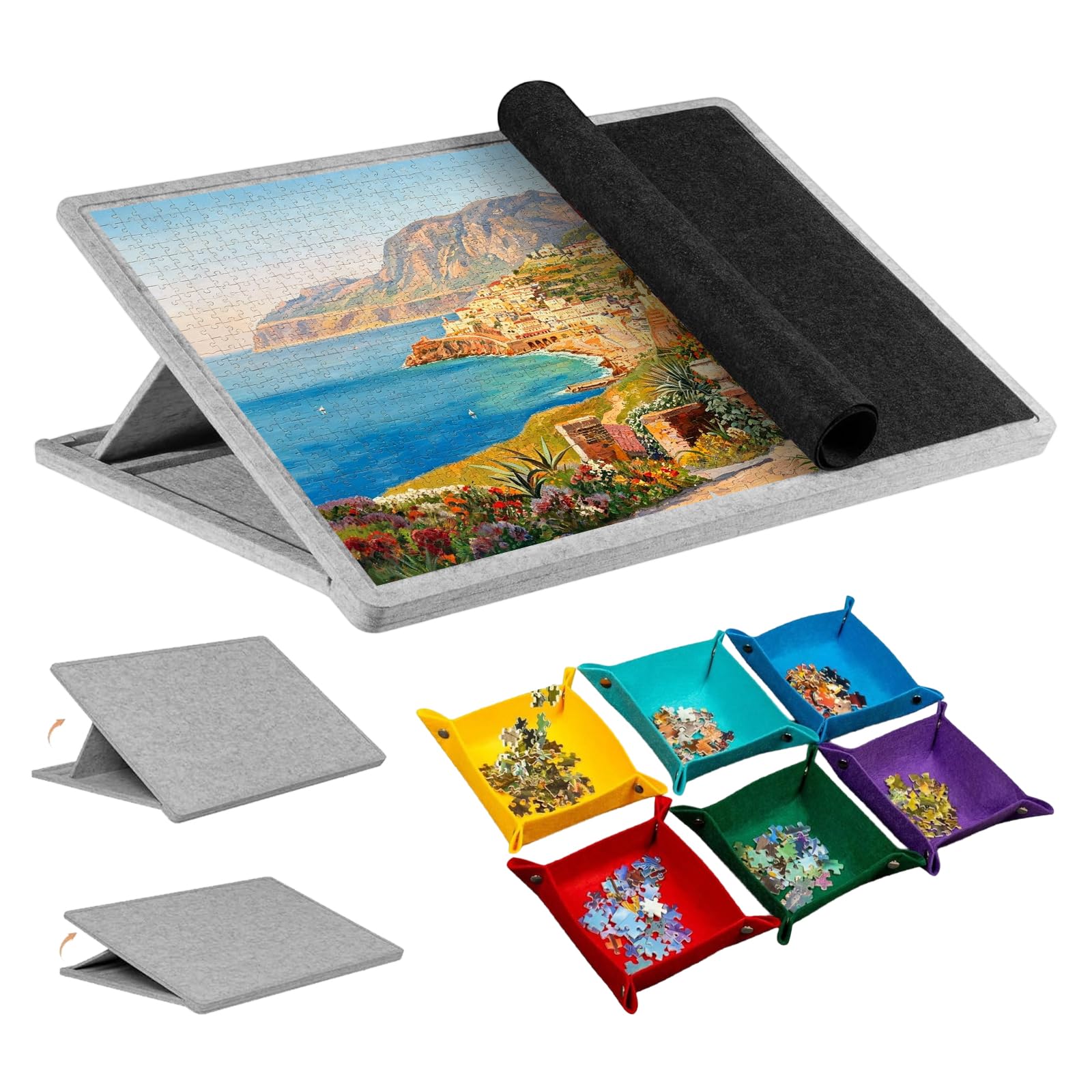 Przenośna deska do puzzli, 1000 elementów, mata do puzzli z regulowanym stojakiem, 6 przegródek do sortowania i etui ochronnego, filcowa deska do sortowania puzzli i organizerów