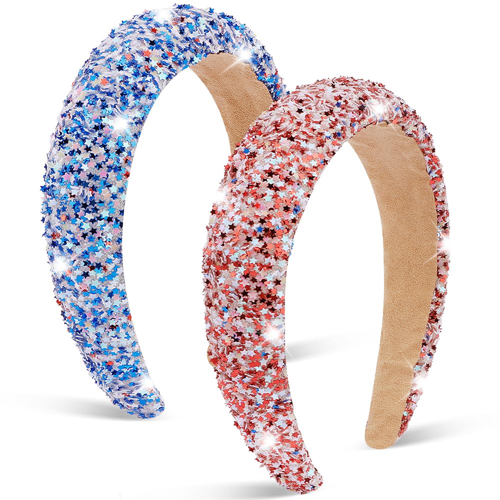 AHONEY Red Blue Glitter Star 4th of July Headband for Women Girls