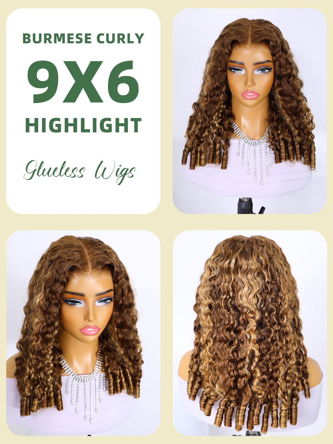Highlight Burmese Curly Glueless Wigs Human Hair Pre Plucked Pre Cut 180% Density Honey Blonde Ombre Drawstring Wig Human Hair 9x6 HD Lace Wear and Go Glueless Wig for Women 22 Inch