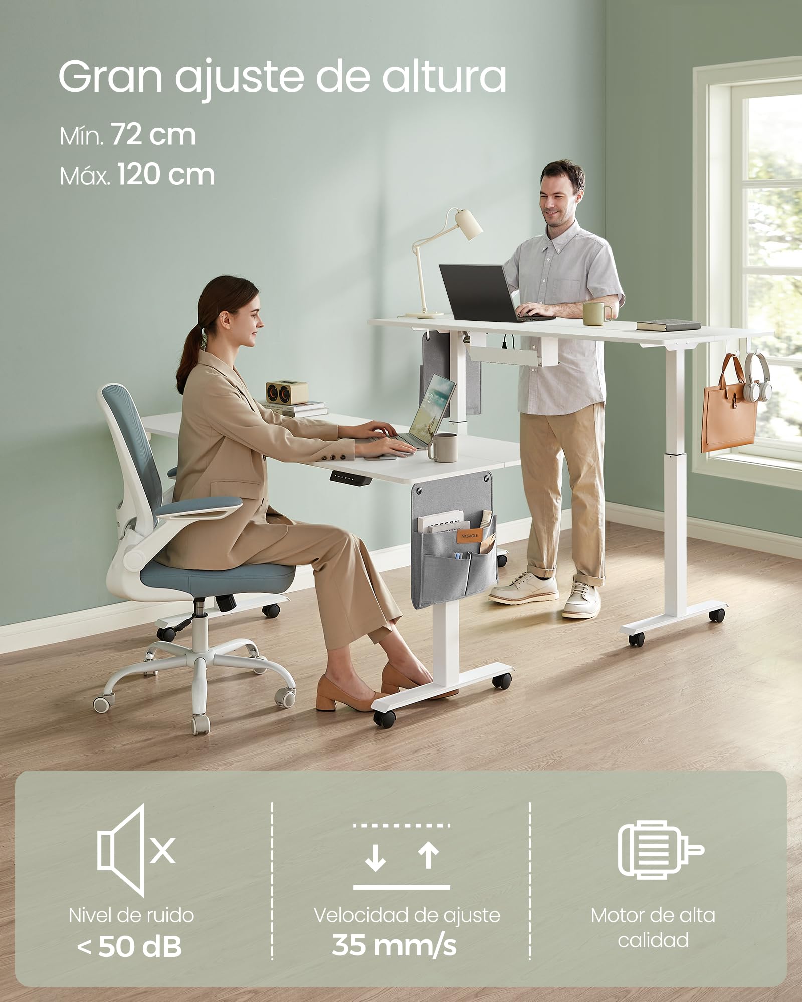 VASAGLE Elektrisch in hoogte verstelbaar bureau, L-vormige hoektafel, 140 x 160 cm, met stekkerdoos, 2 hoogtes geheugenfunctie, voor thuiskantoor