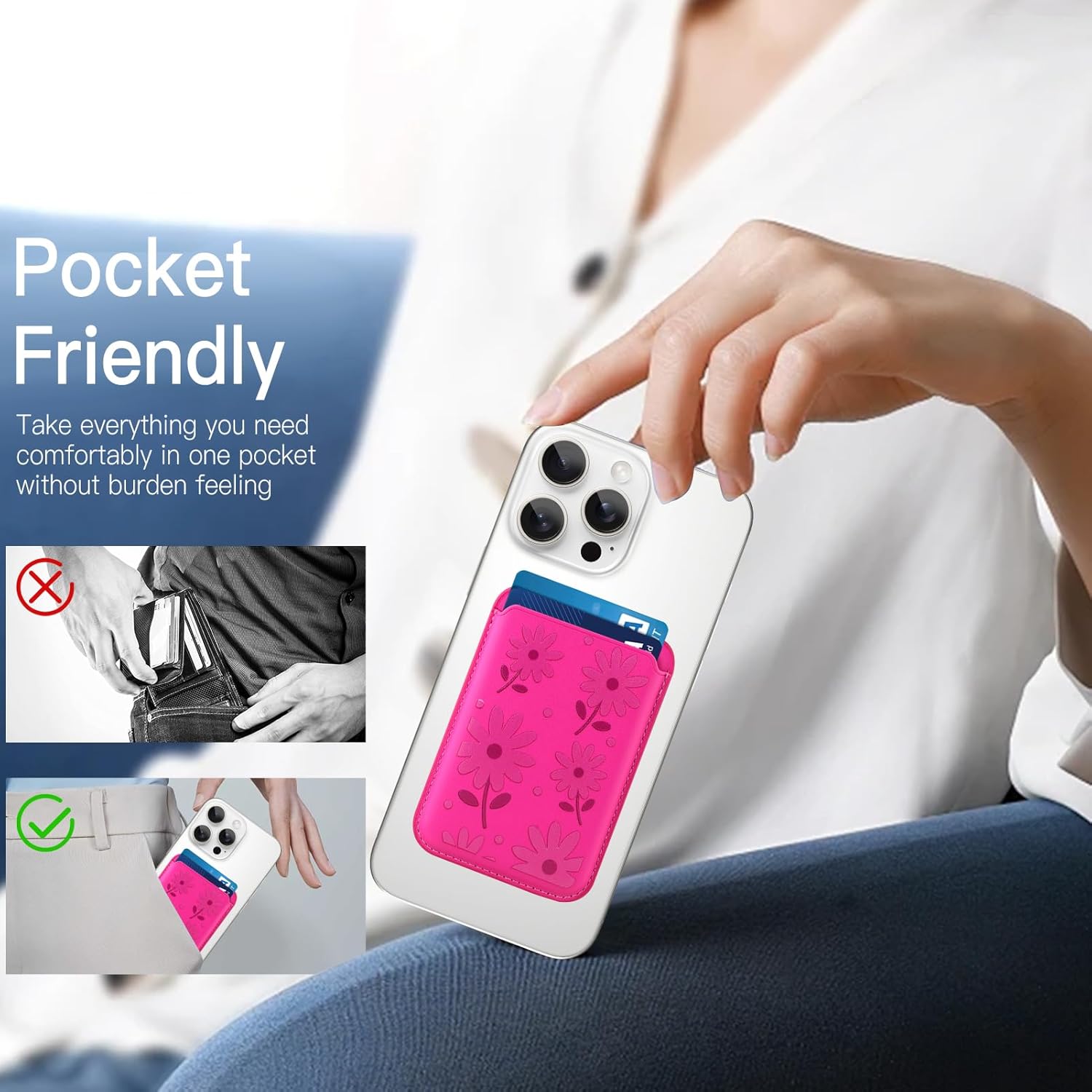 MOWIME Compatible with MagSafe Wallet, Cute Daisy Floral Pattern for Women Girls, Stronger Magnetic Card Holder Phone Wallet for iPhone 16/15/14/13/12 Series, Fit 2 Cards, Hot Pink - Image 7