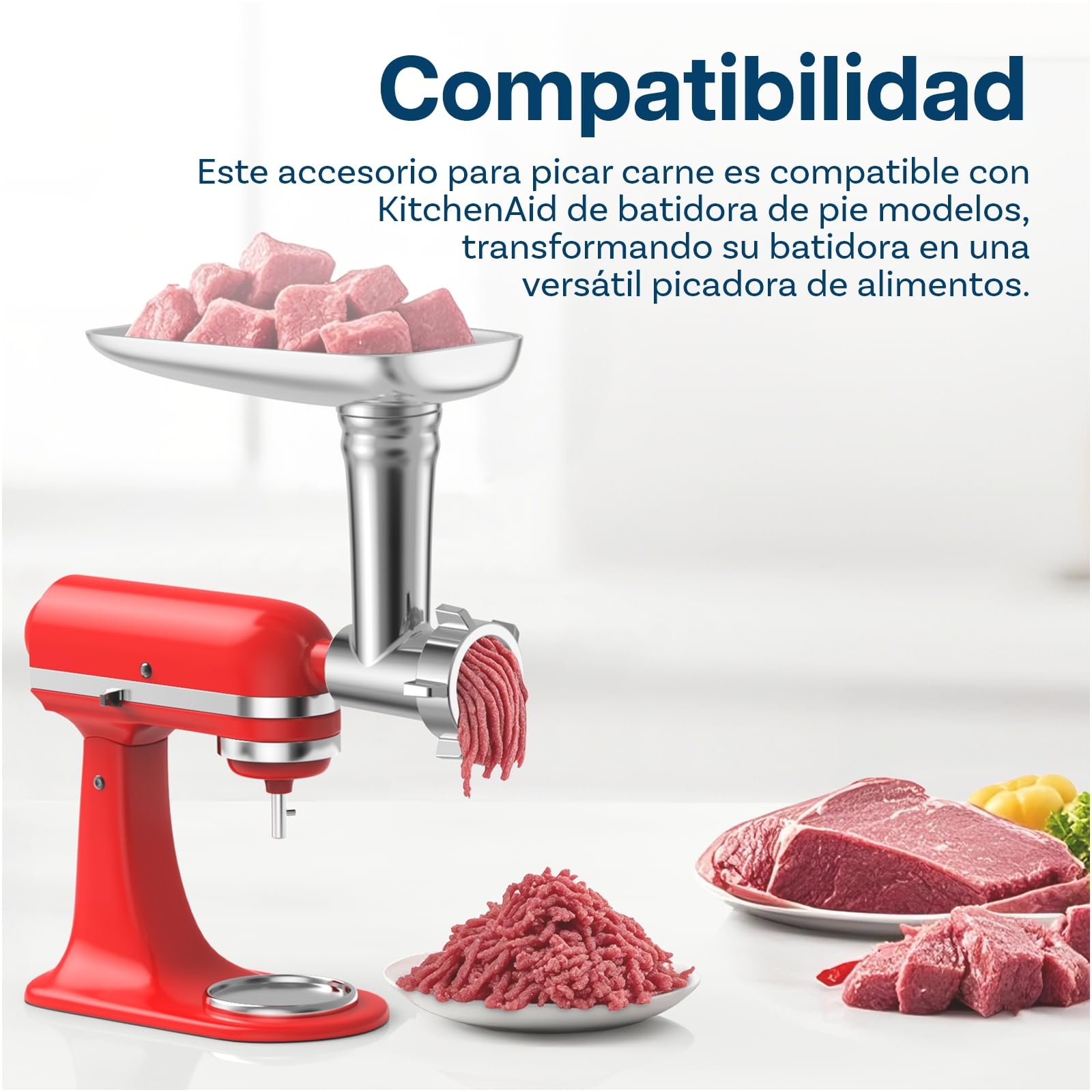 Accesorio Picadora de Carne para KitchenAid Batidora de Pie - Accesorio Trituradora de Alimentos con 4 Platos Picadores, 2 Tubos de Relleno de Salchichas, 2 Cuchillas Picadoras por MMOBIEL