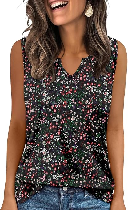 KISSMODA Tank Tops for Women Summer Casual Sleeveless Shirts Dressy Trendy V Neck Tunics Loose Notched Blouses S-3XL
