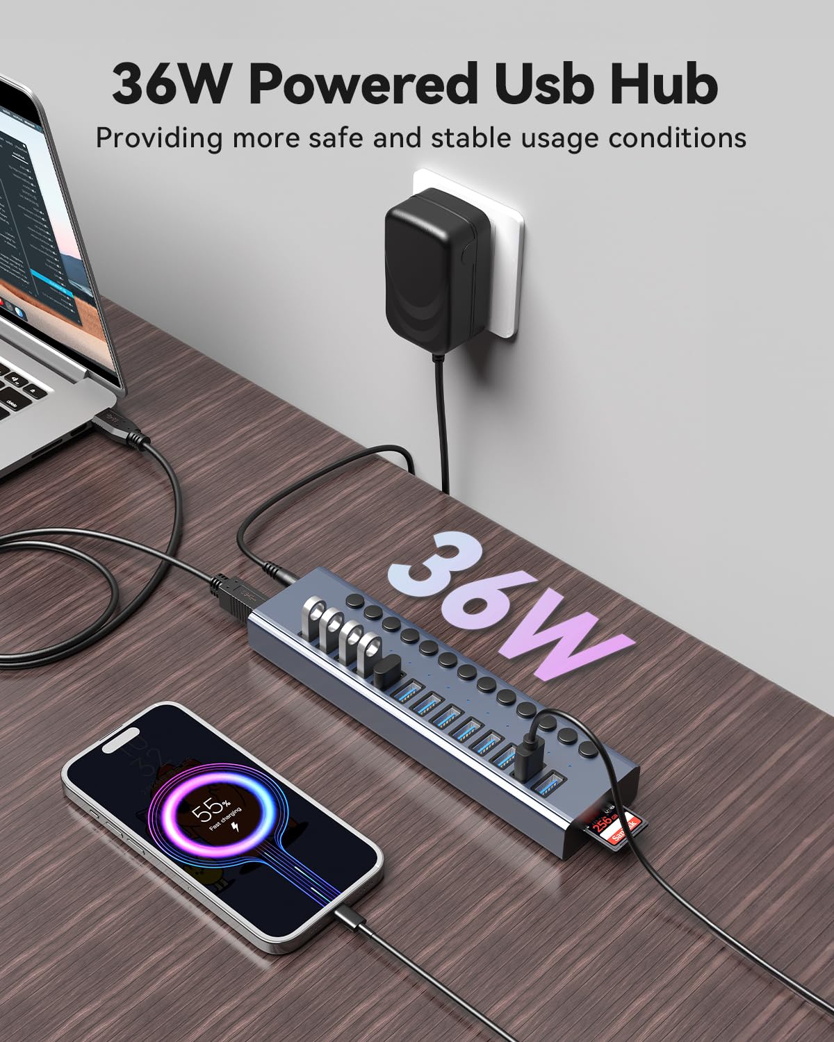 Hub USB 3.0 con alimentación, Wenter 13 puertos con lector de tarjetas SD/TF, divisor USB de aluminio con interruptores individuales de encendido/apagado, adaptador de corriente de 12 V/3 A de 36 W